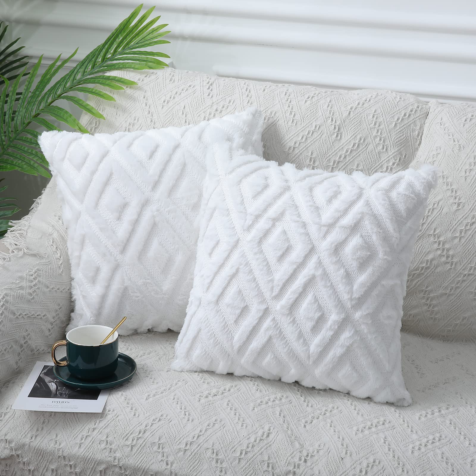 Pallene Soft Faux Fur Throw Pillow Covers 24x24 - Plush Short Wool Velvet Decorative Pillow Covers - Couch Sofa Pillow Covers for Living Room - with 3D Diamond Pattern - Set of 2 - Pure White