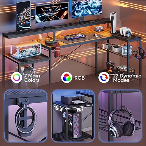 Miniatura 5 de Bestier Gaming Desk with Power Outlet, 71.5 inch LED Computer Desk with Monitor Stand, L Shaped Large Desk with Metal Shelf, Cup Holder & Headset