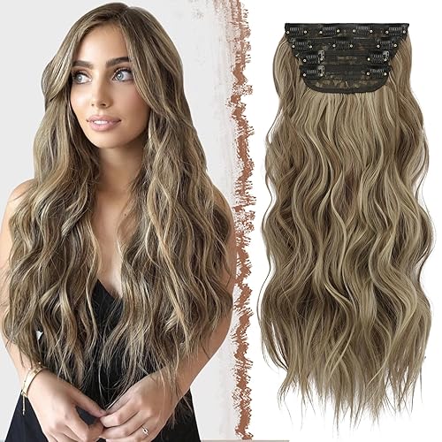 Miniatura 1 de FESHFEN Extensiones de cabello con clip, 4 piezas, largo, ondulado, grueso, resaltado, extensiones de cabello sintético de cabeza completa para