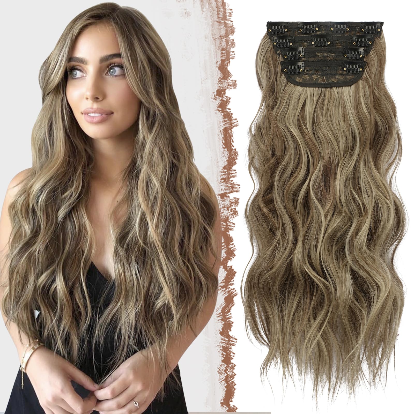 FESHFEN Clip in Hair Extensions - 4 PCS Long Wavy Thick Highlighted Clip in Hairpieces Full Head Synthetic Hair Extension for Women, 20 Inch Caramel