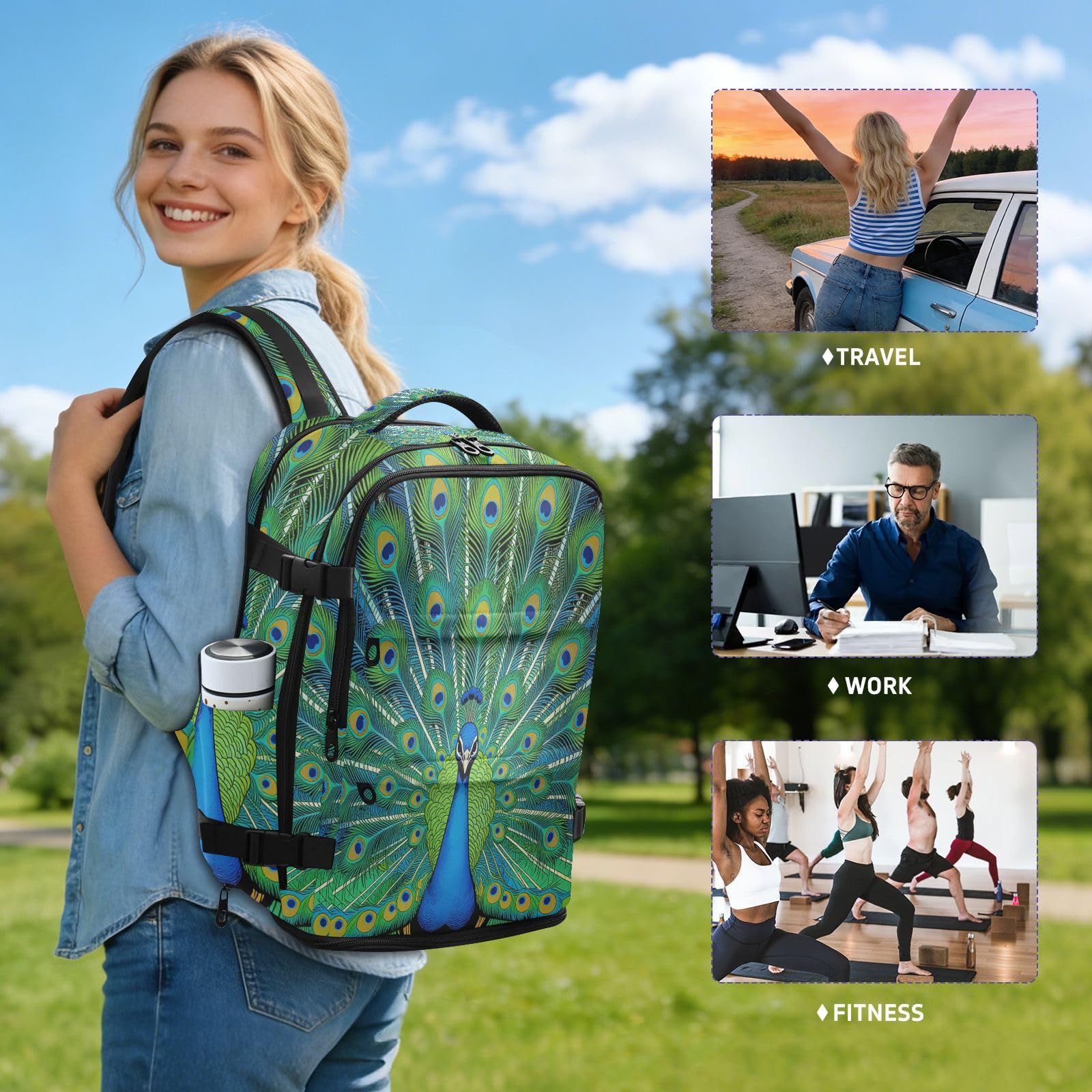 Plecak podróżny torba na laptopa 15,6 cala dla kobiet podróżny 20 l | Elegancka torba na laptopa pawie pióra torba na laptopa 16 cali do samolotów bolso para viaje 20 l