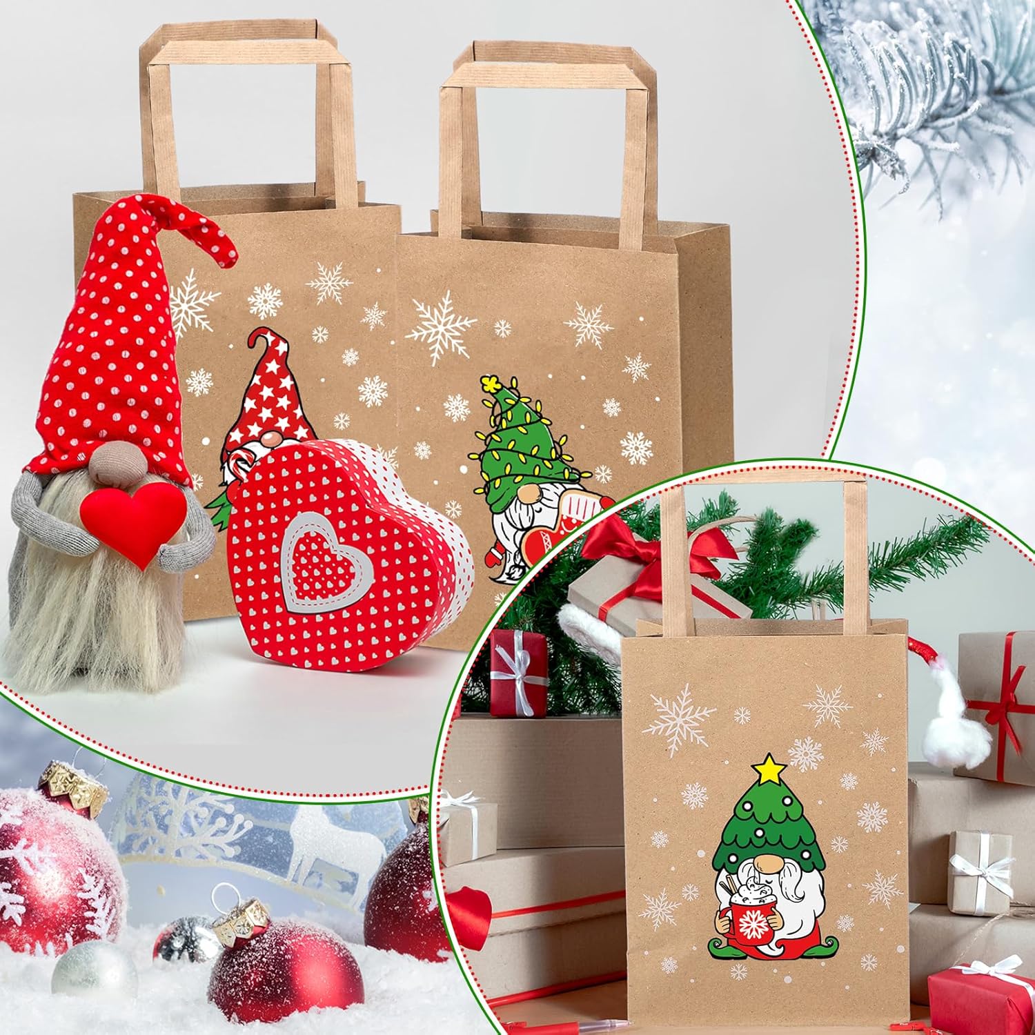 Kolldenn 36 PCS Kraft Paper Gift Bags with Handles - Reusable Christmas Gnome Goody Bags - Brown Xmas Treat Bags for Holiday Winter Party Supplies