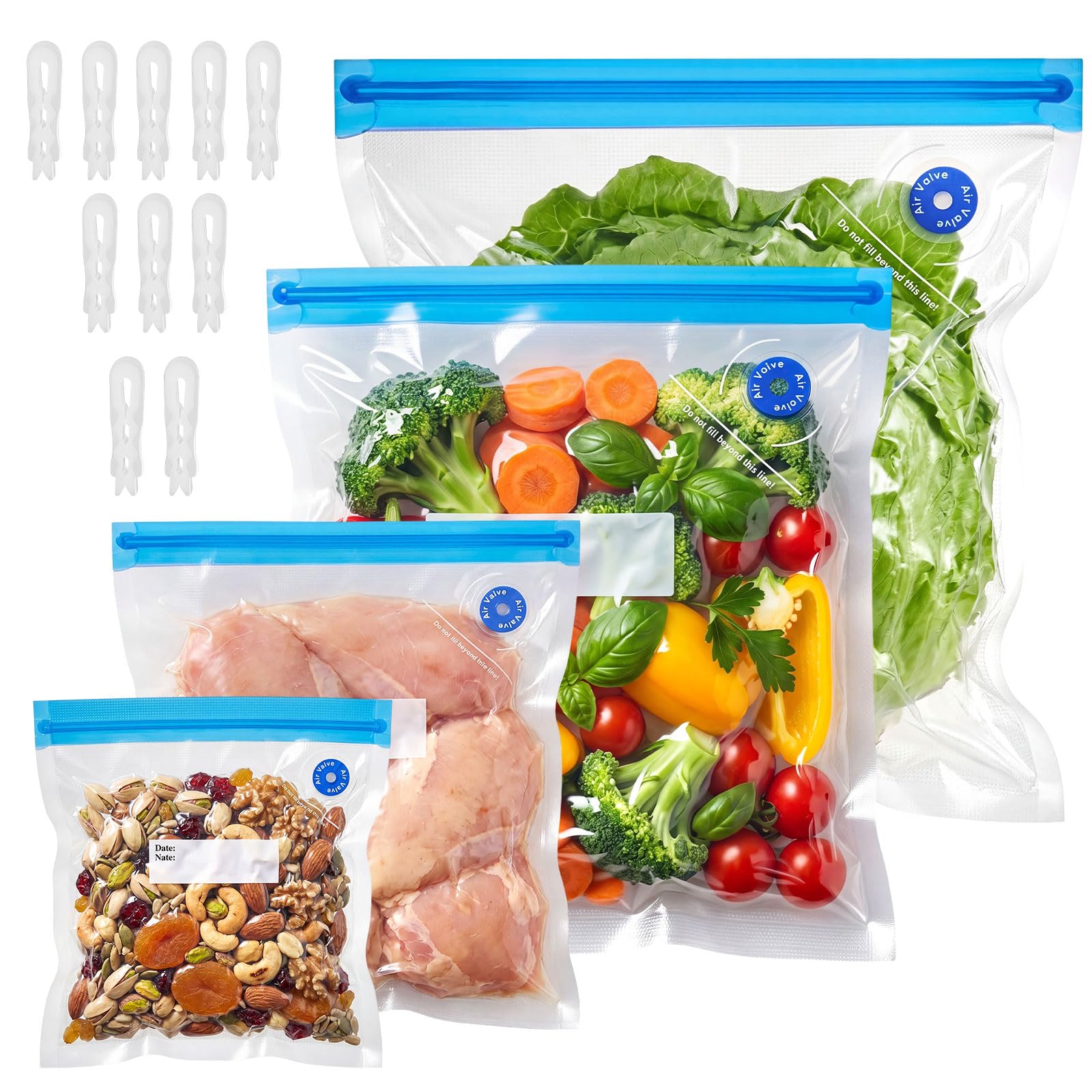 Paquete de 60 bolsas Sous Vide selladoras al vacío para alimentos, 4 tamaños reutilizables bolsas de alimentos con cremallera al vacío bolsas de almacenamiento con válvula de aire de doble capa para