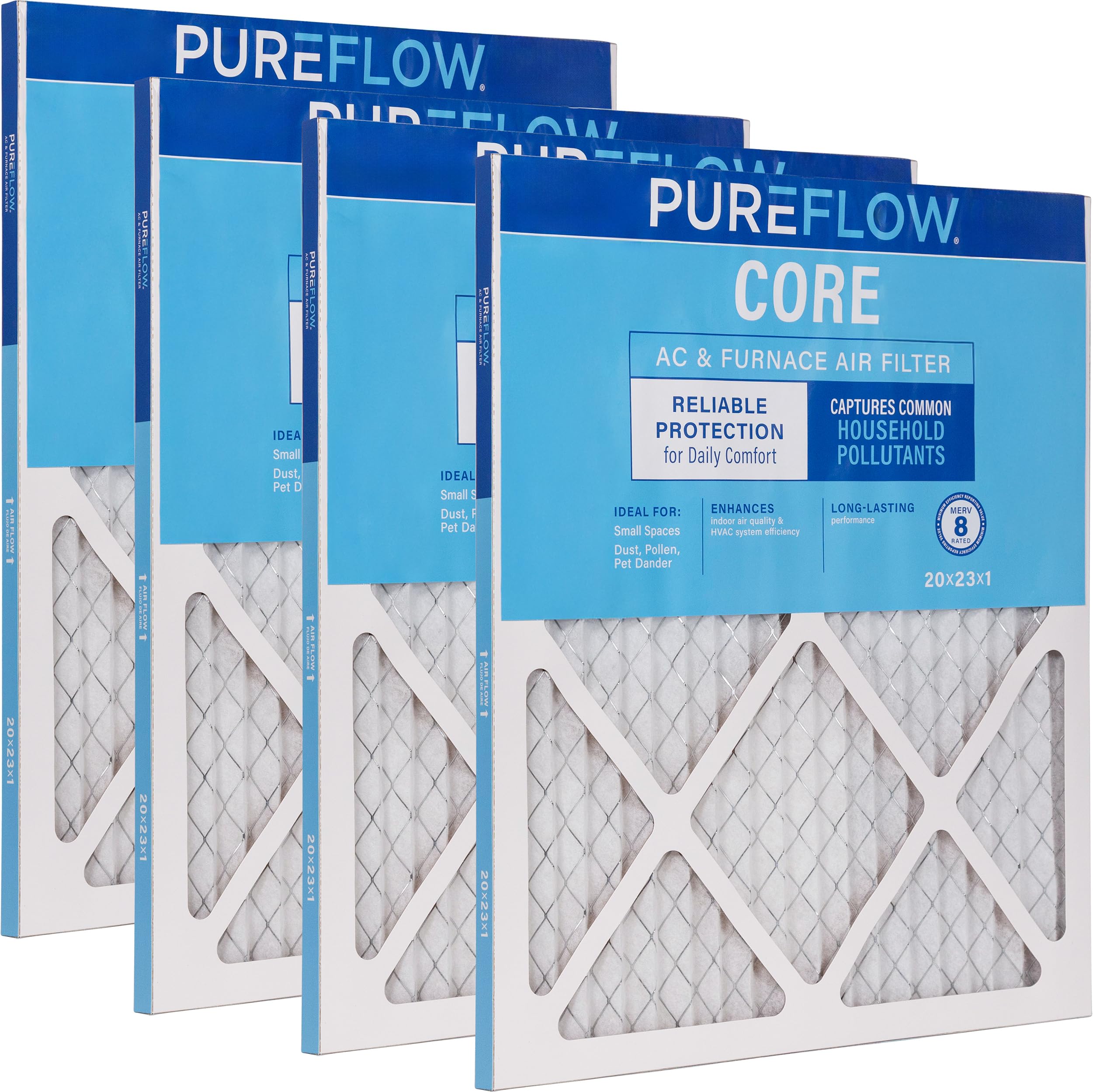 PUREFLOW Home Air Filter MERV 8, 20x23x1 Furnace Filter, 4 Layer High Efficiency Filtration for Dust, Smoke, Fumes, Pollutants (4-Pack)