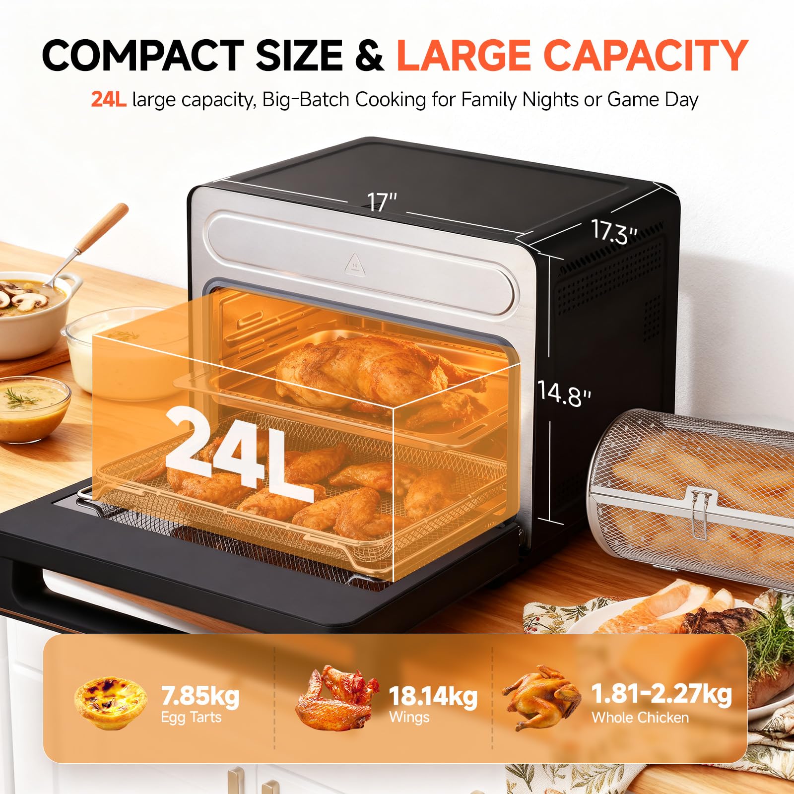 OUNIN 24L Horno Multifunción, 11 en 1 Horno con Freidora de Aire, Cocción en Doble Capa, Aire Caliente 360°, 1600W, Para Calamares Fritos, Croquetas Fritas, Chuletas de Cordero Asadas y Pan Horneado