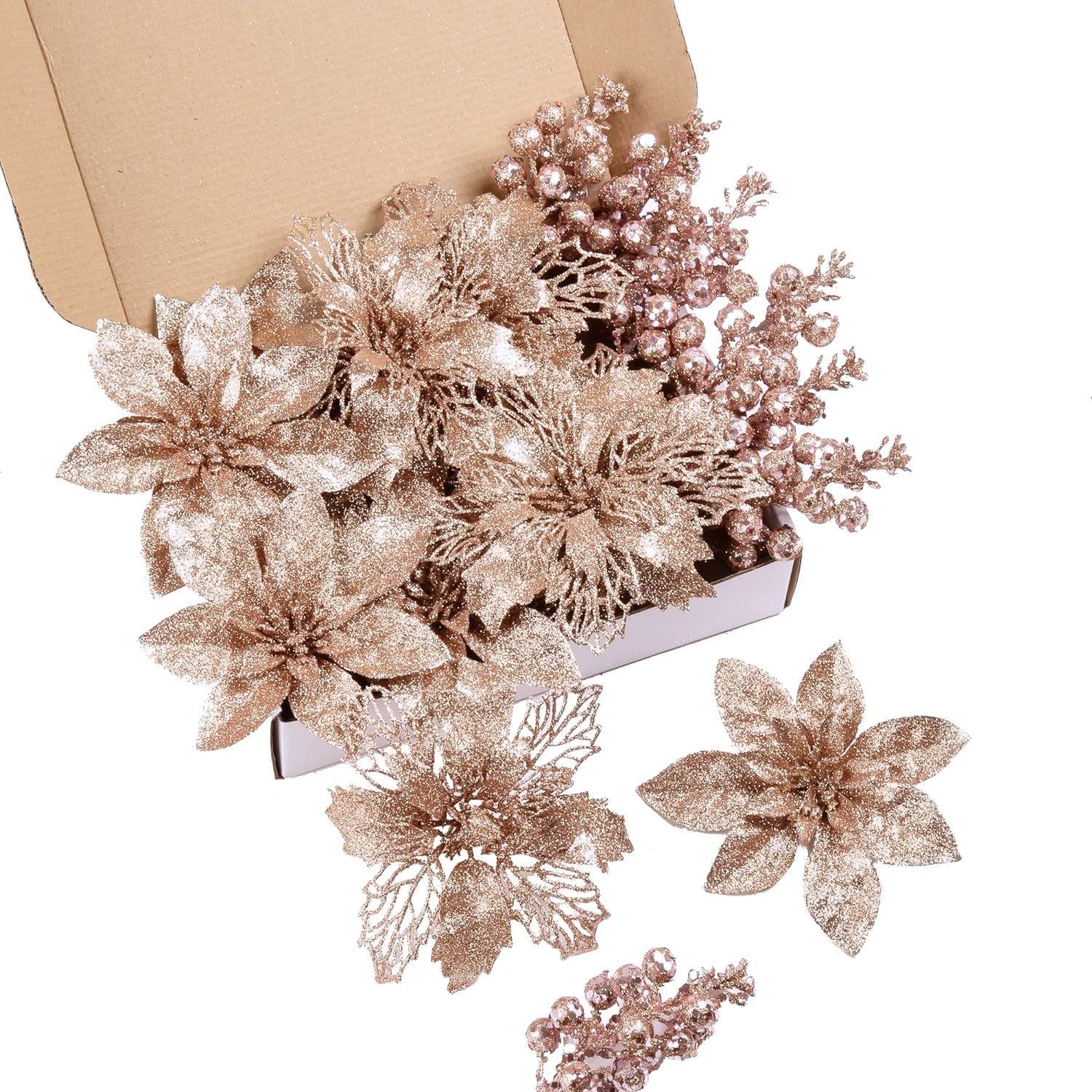 24Pcs Rosegold Glitter Poinsettia Christmas Tree Ornaments and Glitter Berries Stems, 16Pcs Christmas Artificial Flowers and 8 Pack Christmas Tree Picks for Wedding Holiday Decorations Rose Gold