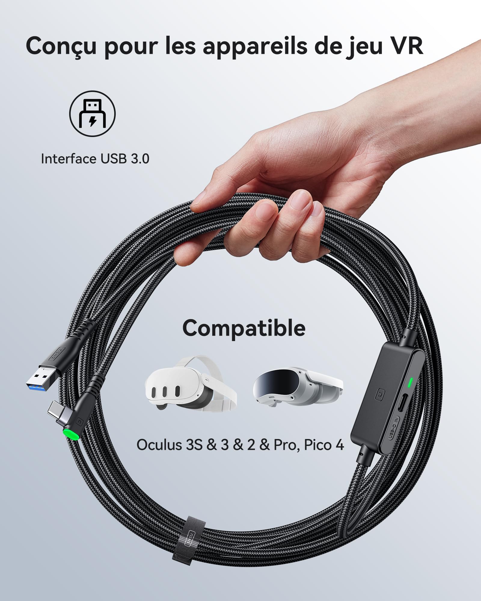INIU Câble Link 5m, Compatible avec Meta Oculus Quest 3s Quest 3 2 1 Quest Pro, Pico 4 Accessoire et PC Steam VR, Câble de liaison USB 3.0 haute vitesse de transfert de données USB C