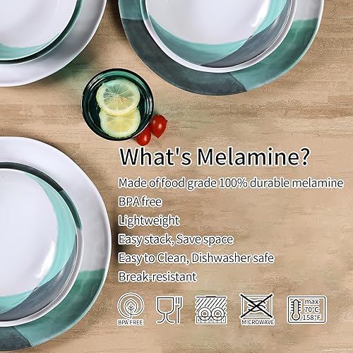 Miniatura 7 de Juego de vajilla de melamina, juego de platos y cuencos de 12 piezas, apto para lavavajillas, uso exterior e interior, blanco y verde