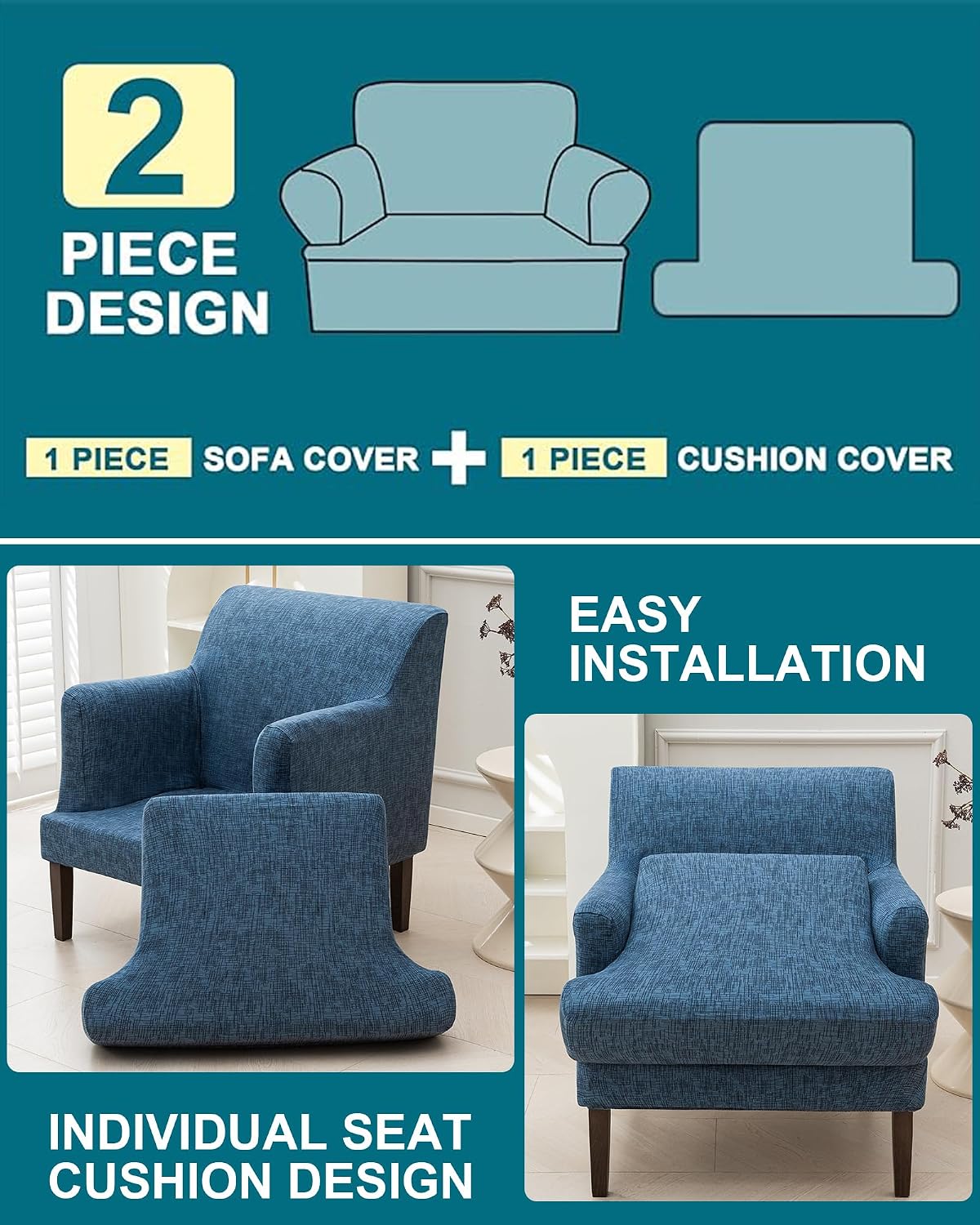 NILUOH 2-Piece Chair Covers for Living Room T Cushion Armchair Slipcover, Stretch Polyester Fabric, Soft Durable, Suitable for 27.6" Wid Chair, Furniture Protector