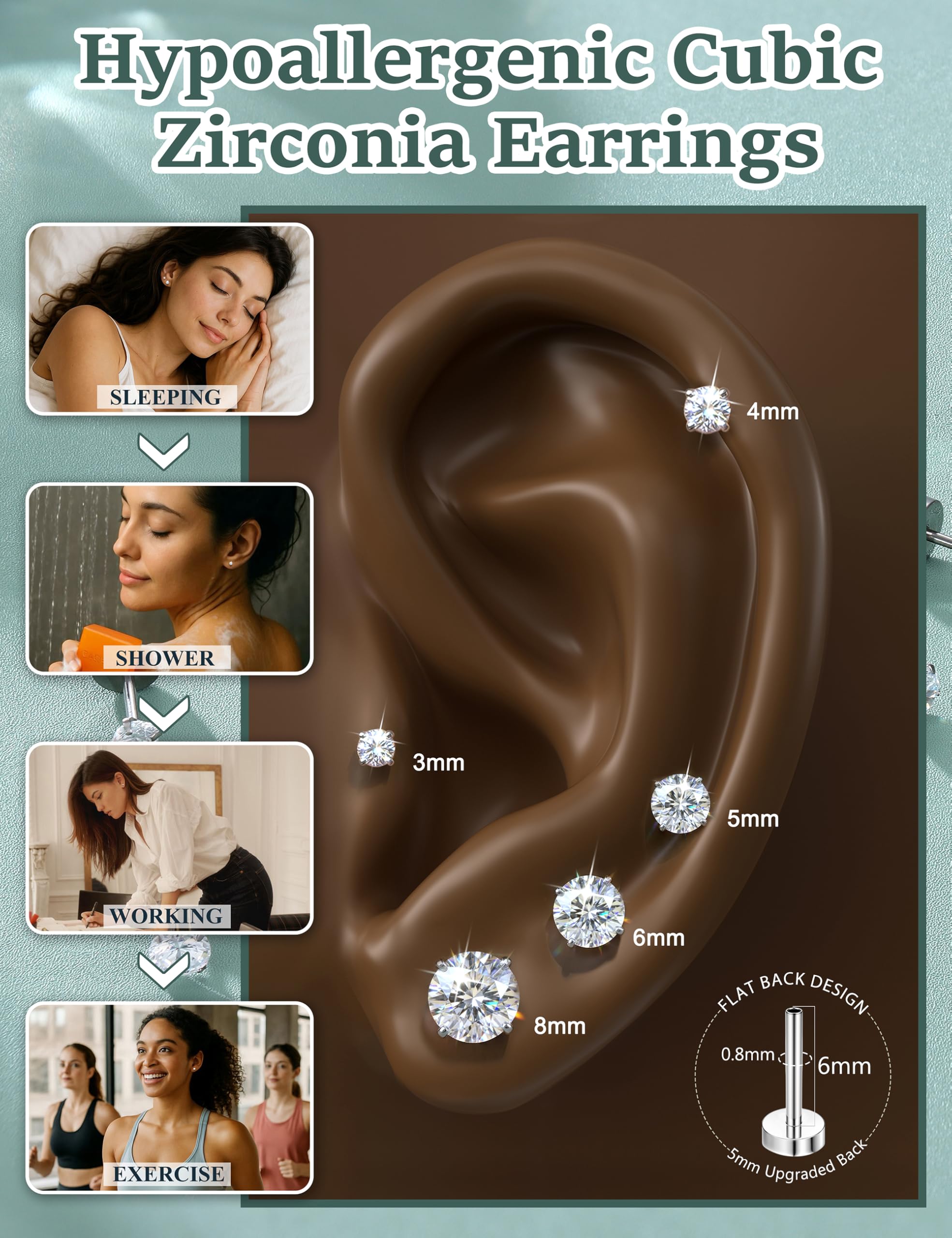 Diamday Set di Orecchini a vite con Retro 20G G23 Titanio Acciaio chirurgico Cubic Zirconia Cartilagine Piercing per donna Uomo CZ Tragus Helix Orecchini con parte posteriore piatta