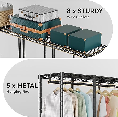 Miniatura 7 de H5 Perchero de alambre extra grande, perchero de ropa resistente, perchero independiente para colgar ropa, armario con estante ajustable, 93.3