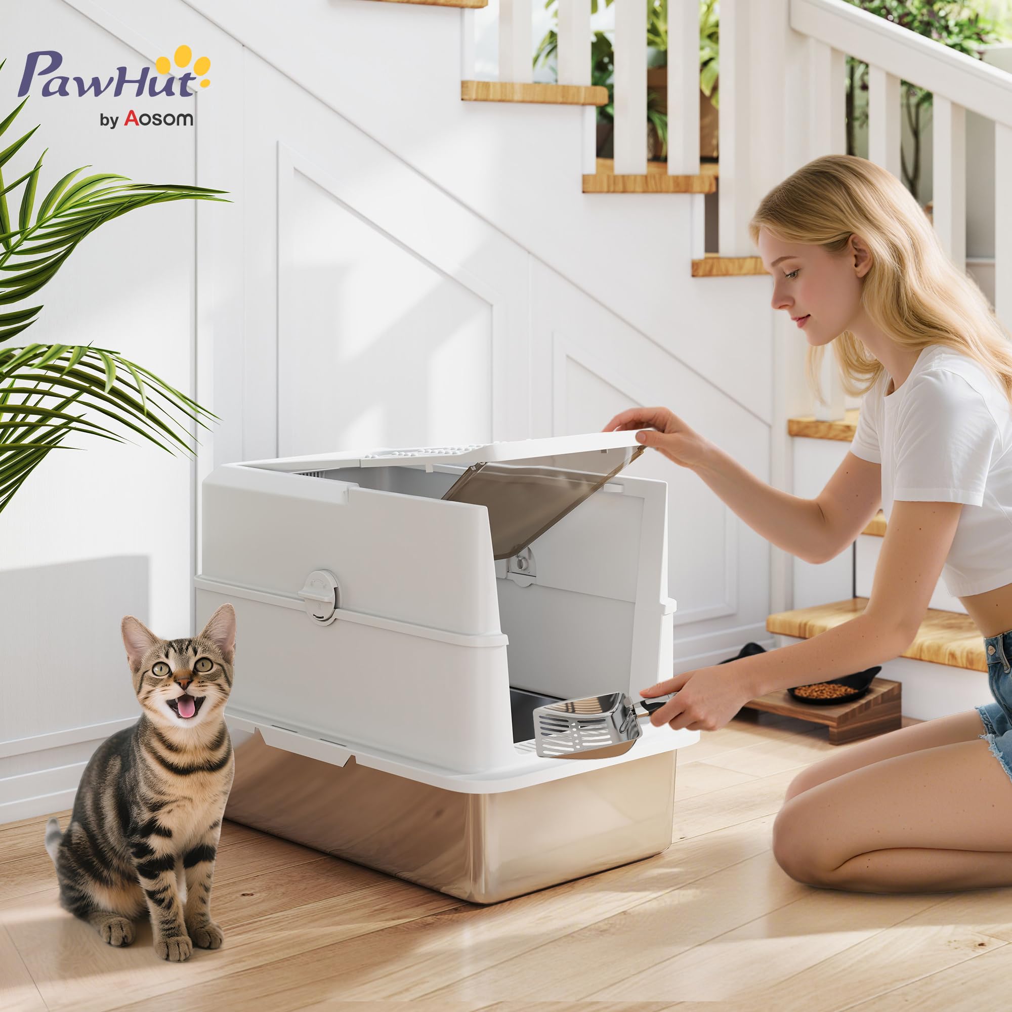 PawHut - Bandeja de arena para gatos cerrada de acero inoxidable, para gatos con pala, tapa abierta, puerta, antifugas y limpieza fácil, 60,2 x 40,2 x 43,7 cm, gris claro