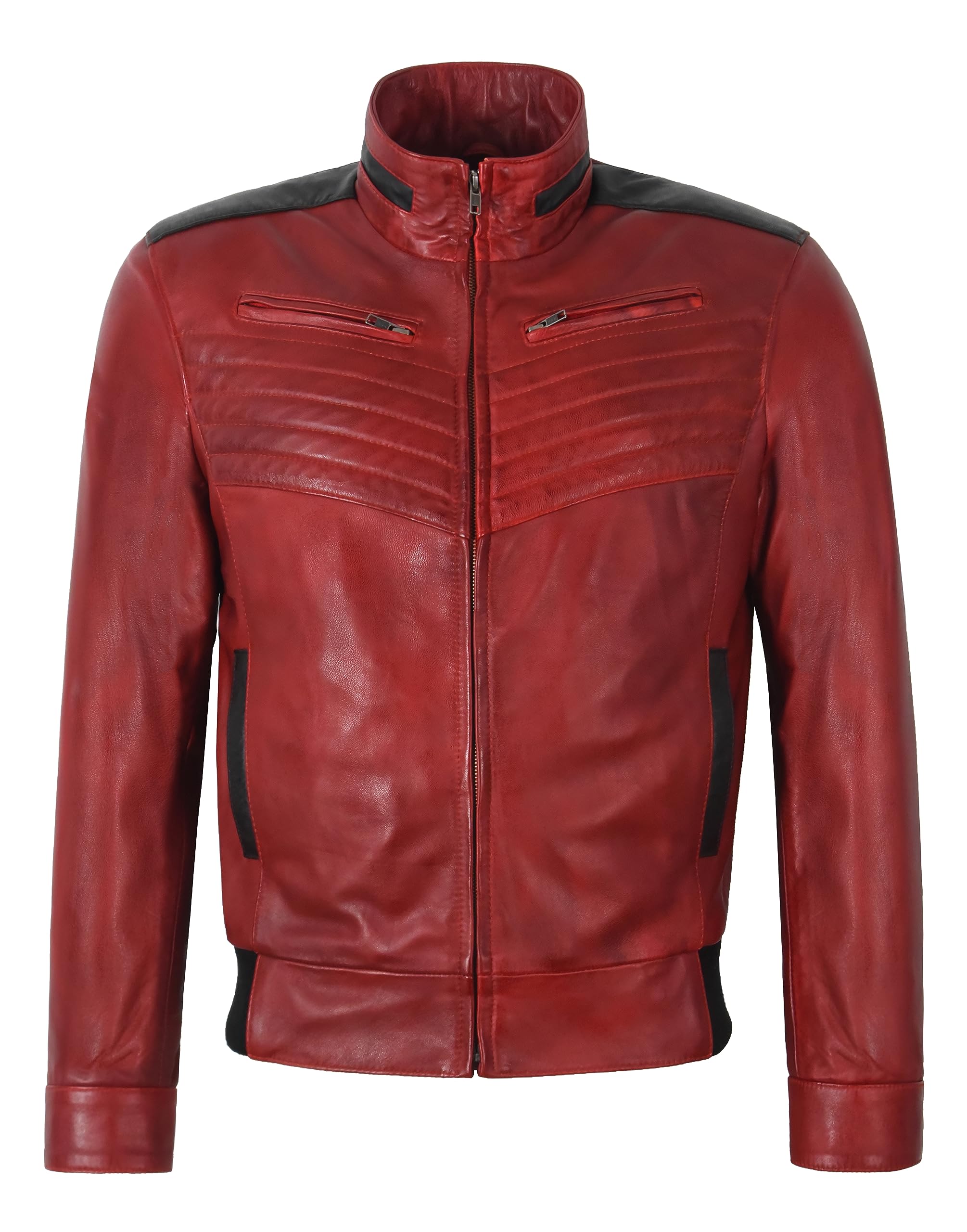 Men's Bomber Real Leather Jacket Red Black Biker Motorcycle Blouson Style Jacket 9015