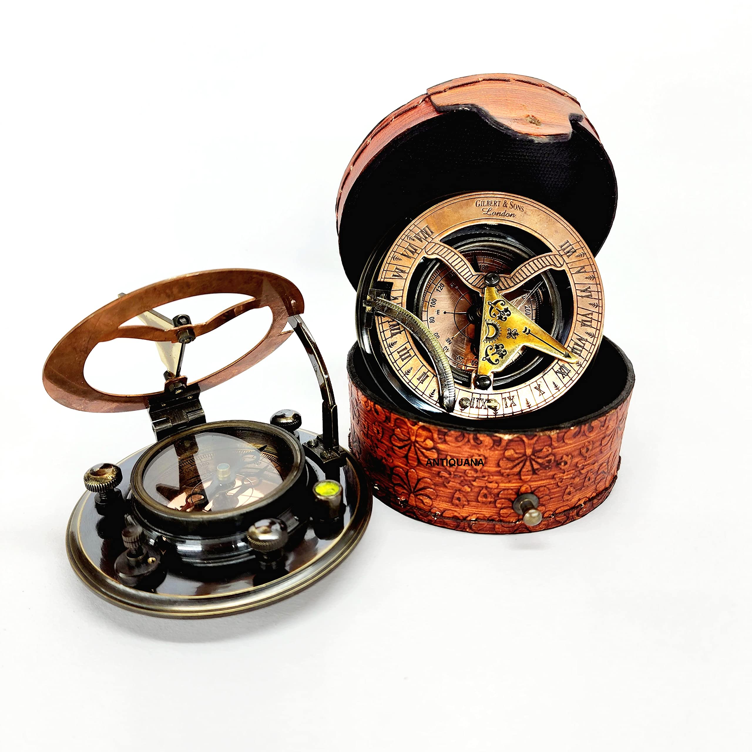Reloj de sol de latón antiguo con brújula marina de regalo en caja de regalo náutico marino reloj de sol réplica de barco pirata