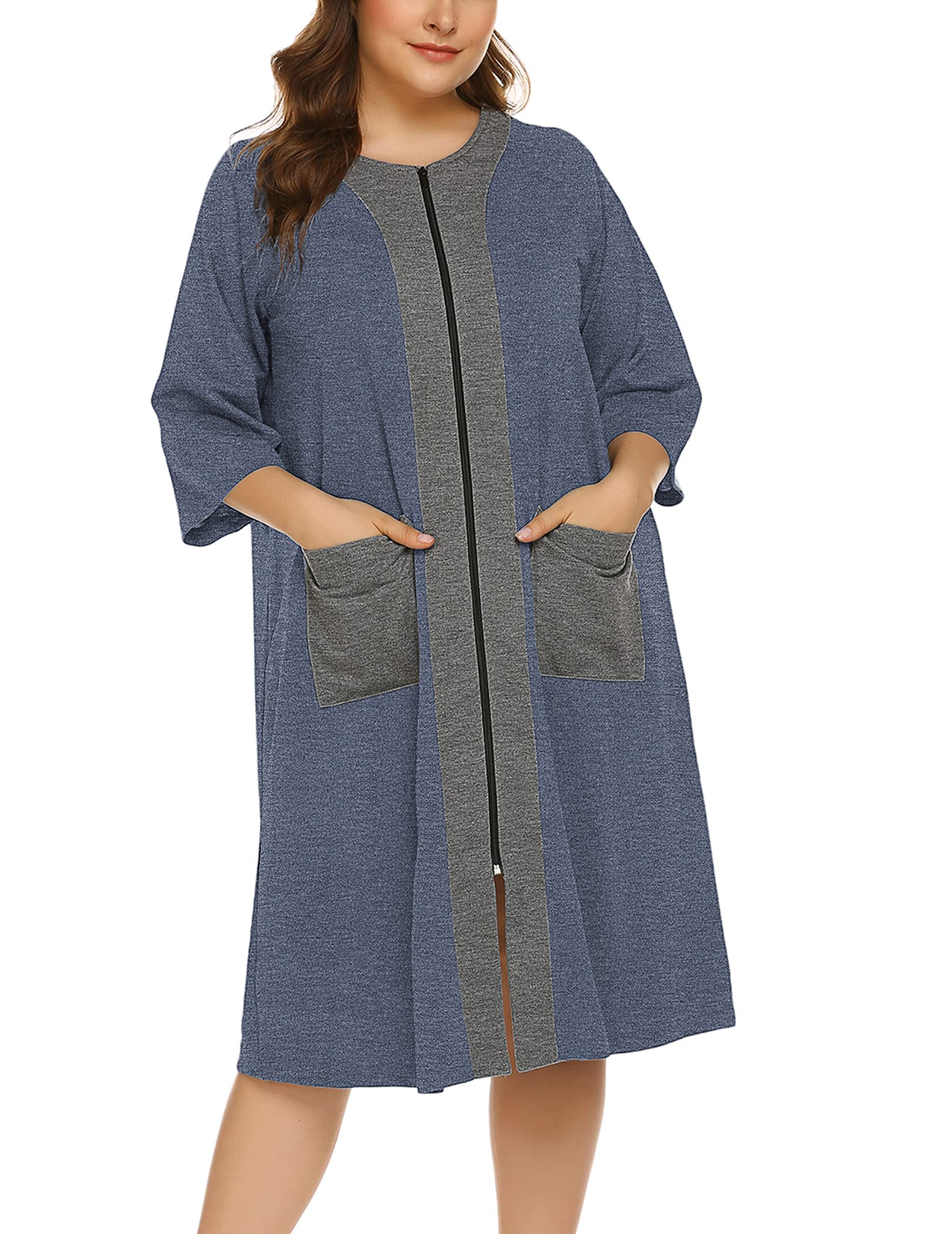 Womens Plus Size Zipper Robe Half Sleeve Loungewear Full Length Nightgown  Duster Housecoat with Pockets (16W-24W)