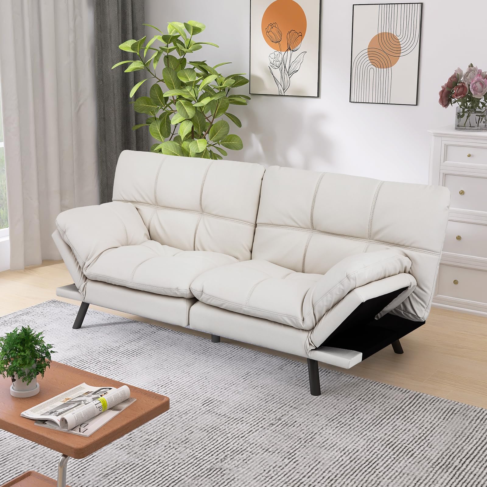 Faux Leather Futon Sofa Bed Couch,Memory Foam Futon Couch Bed,Loveseat  Sleeper Sofa Bed,Small Splitback Convertible Modern Sofa Couch for Living