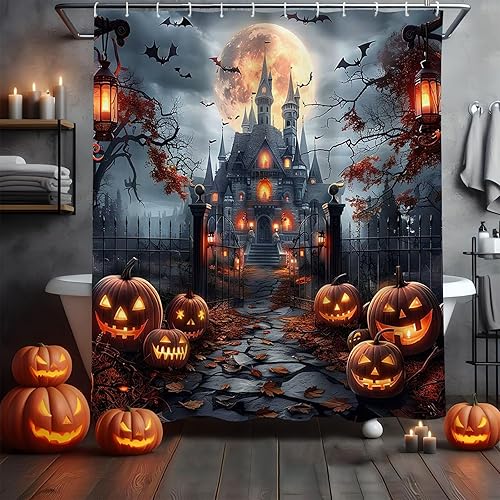 Miniatura 10 de MEHOFOND Cortina de ducha de fantasma de Halloween, cortina de baño espeluznante de Halloween, linda y divertida caricatura, iconos de fantasmas,