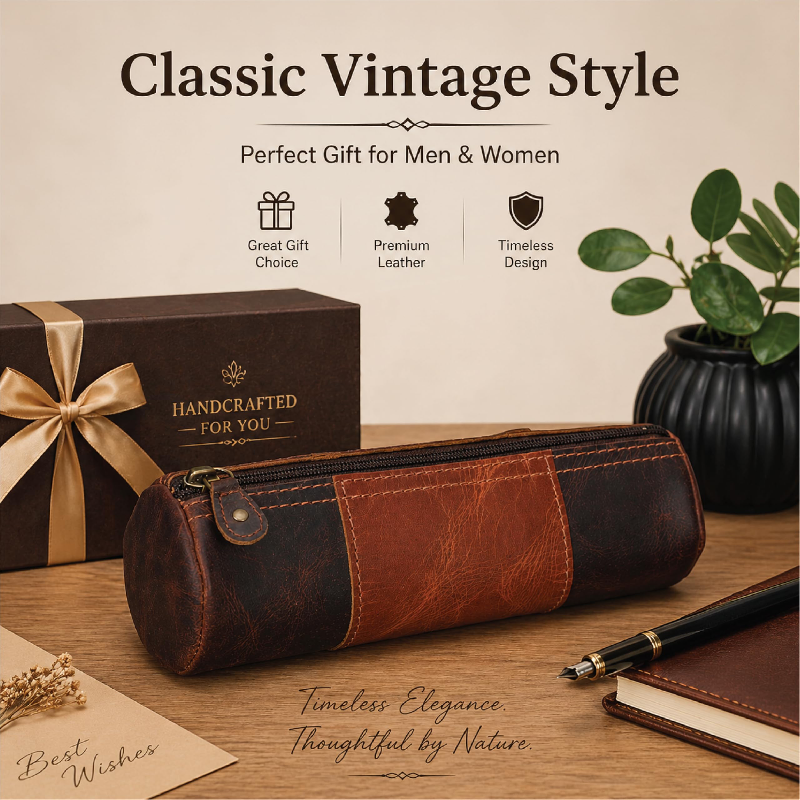 TheAntiq Astuccio in vera pelle, realizzato a mano, con cerniera, con cinturino da polso, resistente, multiuso, per cancelleria, viaggi e accessori, 20 x 6,3 cm, marrone