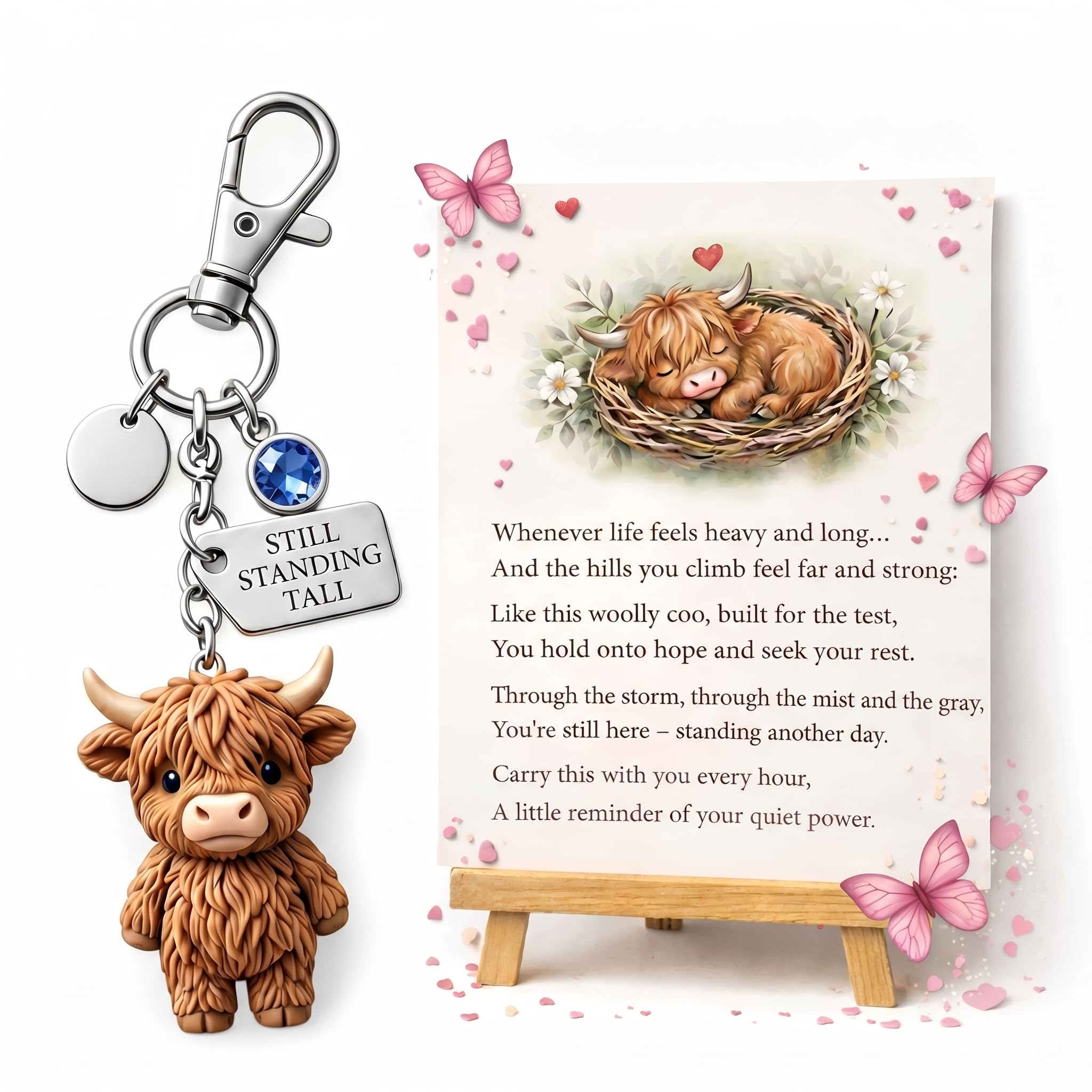 JORCEDI A Little Highland Cow for You Keychain Highland Cow Keychain Cute Cartoon Animal Keyring Soft Rubber Cow Pendant (Blue,1,A)
