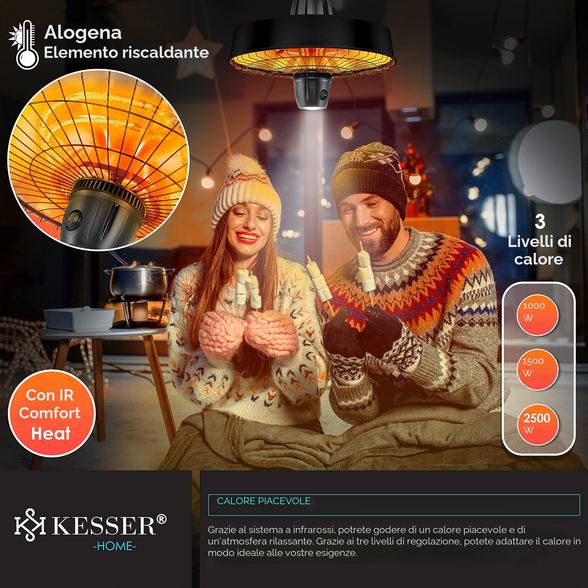 KESSER® Stufa da soffitto a forma di fungo, riscaldatore a infrarossi, 2500 W, con telecomando, faretto al quarzo, luce a LED, da soffitto, con catena + moschettone, elemento riscaldante in carbonio