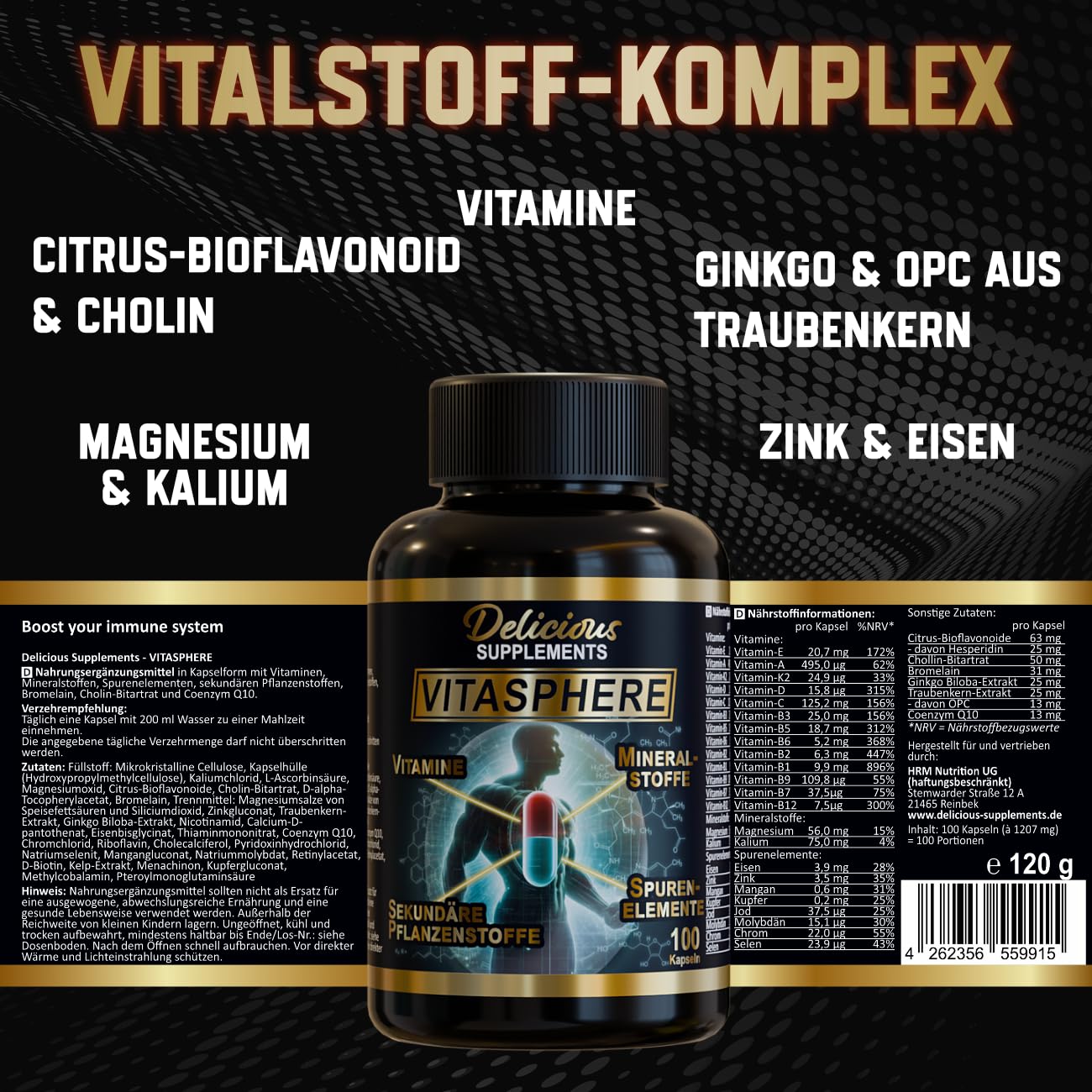 Vitasphere Multivitamin - mit Vitamin C, D, E, B6, B12, Zink & Magnesium - 100 Kapseln für 100 Tage, Nahrungsergänzungsmittel mit Vitaminen & Mineralstoffen - Delicious Supplements - Made in Germany