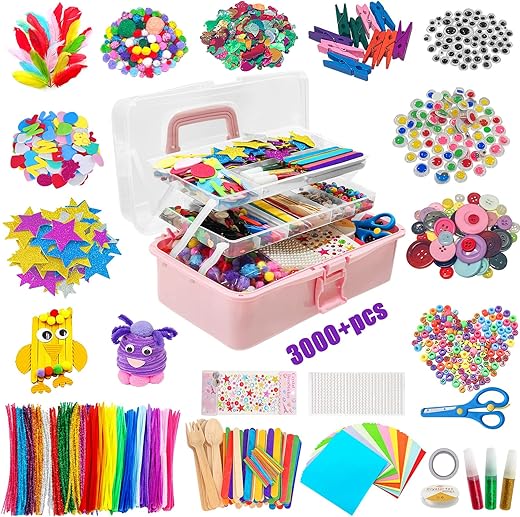 Withosent Bastelset für Kinder, 3000+ DIY Bastelsachen, Bastelsets für Kinderbastelkoffer, Bastelzubehör Pfeifenreiniger, Eis am Stiel, Pompons, Perlen, Scrapbooking