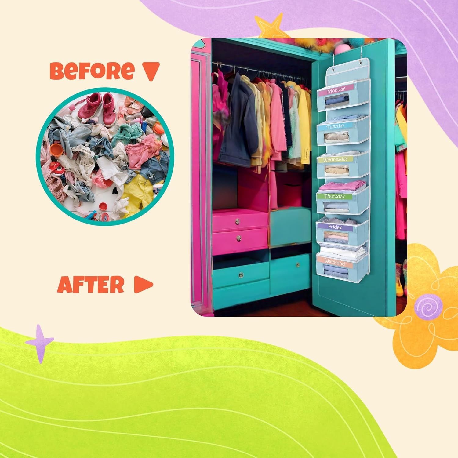 Houseables Weekly Clothes Organizer for Kids, Days of the Week Clothes Organizer, Kids Closet, Daily Outfit Storage, Monday Through Friday Clothing, Weekday, M-F, School, Hanging, Over Door, 6 Shelf