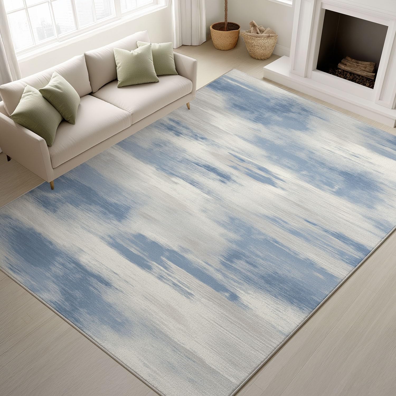 Generico Tappeti stampati 80 x 150 cm, Texture minimalista Tappeto antiscivolo Righe verticali consumate Elegante vintage, Tappeti lavabili Studio camera da letto, Bianco blu