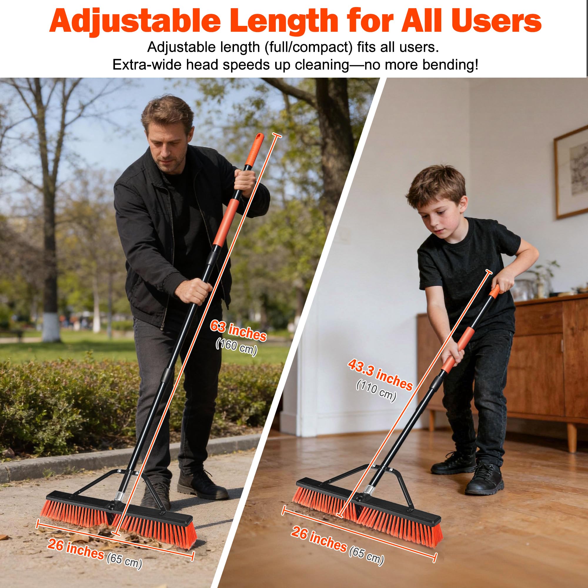 JEHONN 60 cm Balai Brosse Exterieur Manche Long 160 cm Brosse Industrielle Poils Durs Garage Entrepôt Atelier Jardin Terrasse (Rouge)