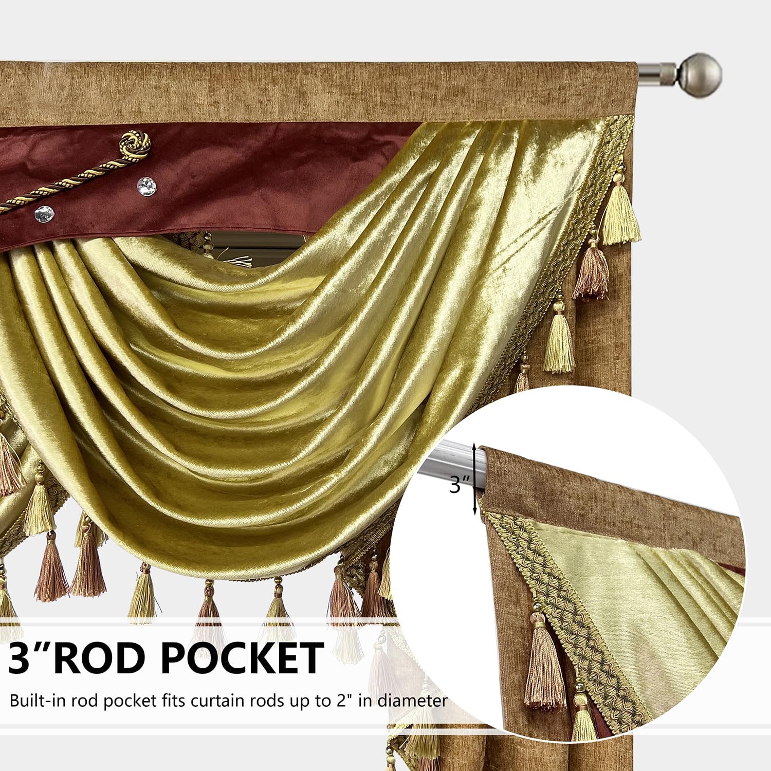 Gxi Gold Scallop Jacquard Curtain for Kitchen Luxury Waterfall Valance 47 inches Length Brown Chenille Curtain Swag Window Treatment for Living Room Bedroom,Pack of 1 Width 39 inch