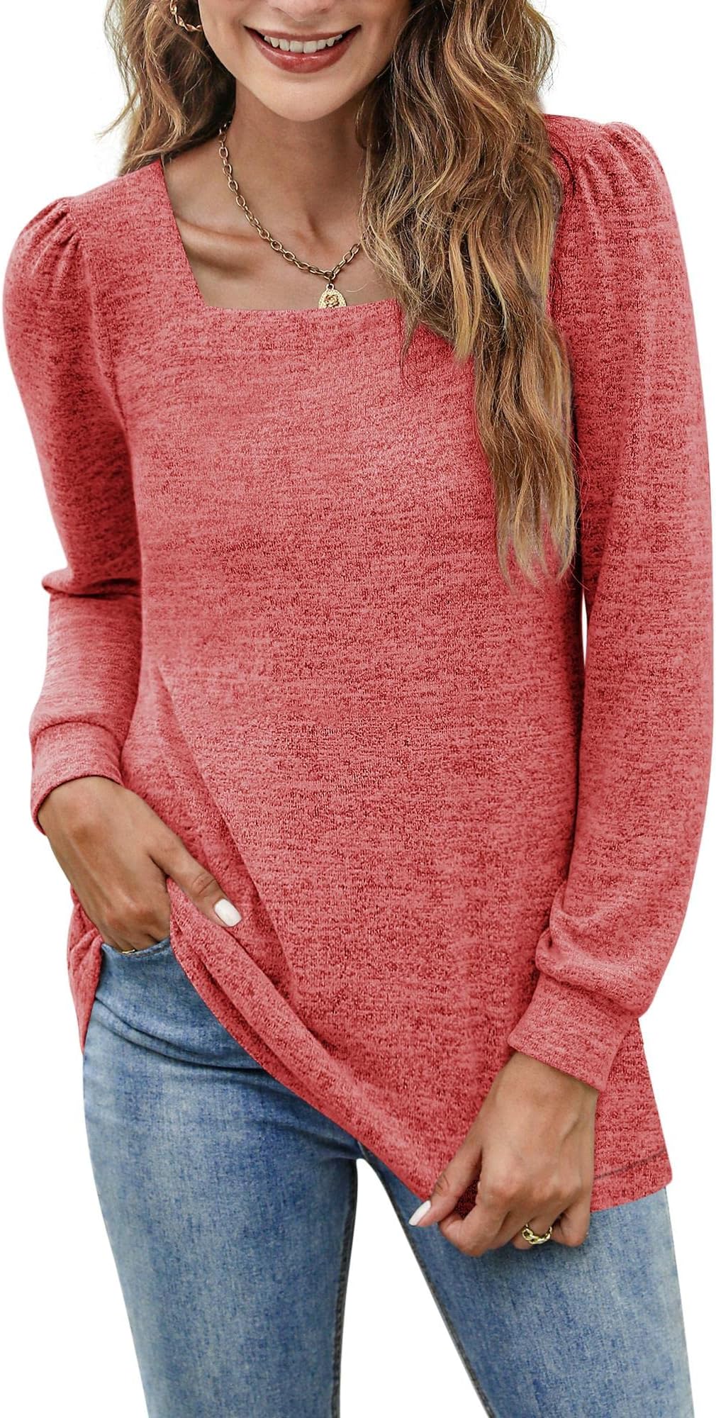 BZBWomens Tunic Tops for Leggings Square Neck Puff Sleeve Shirts Casual Fall Sweatshirts S-2XL