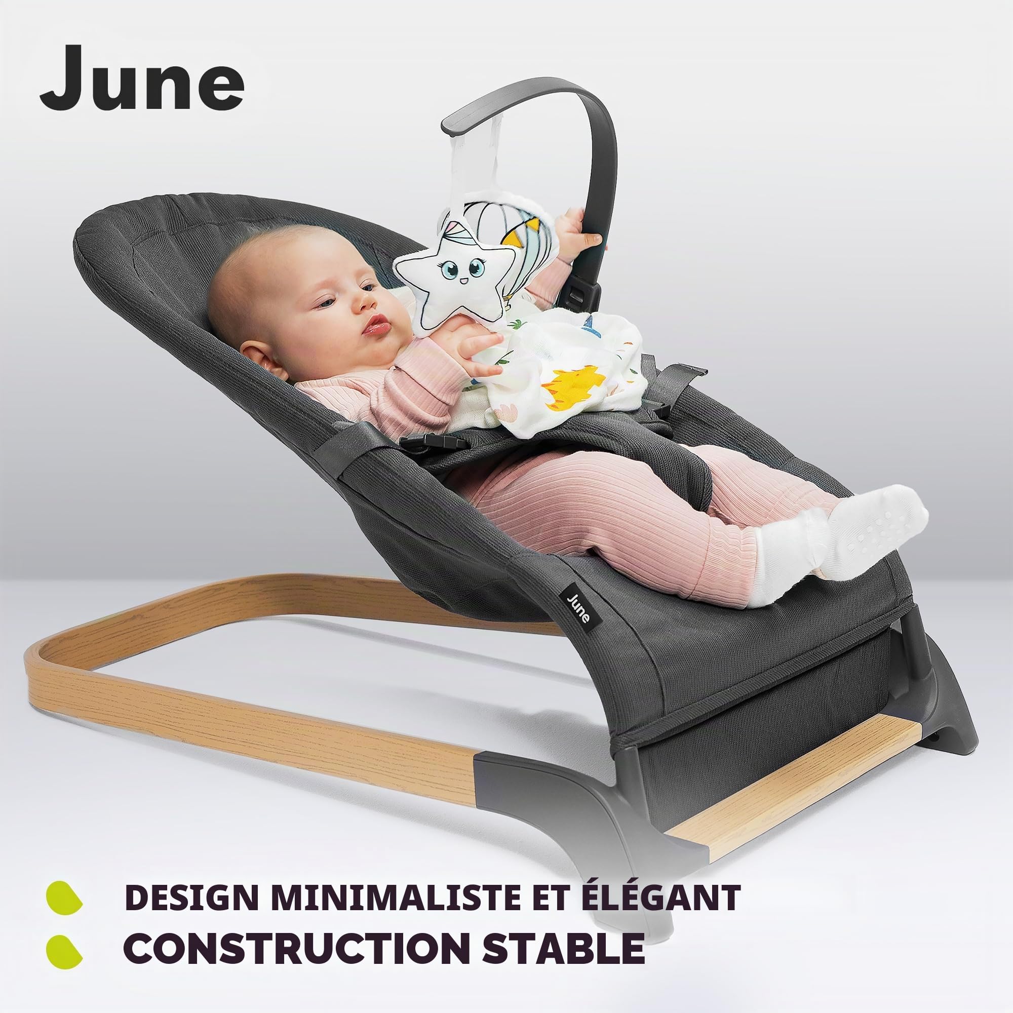 Lionelo June Transat pour nouveau-né jusqu'à 9 kg, chaise confortable avec mouvement apaisant naturel, soutien dorsal ergonomique, harnais de sécurité à 3 points, tissu doux respirant, léger et