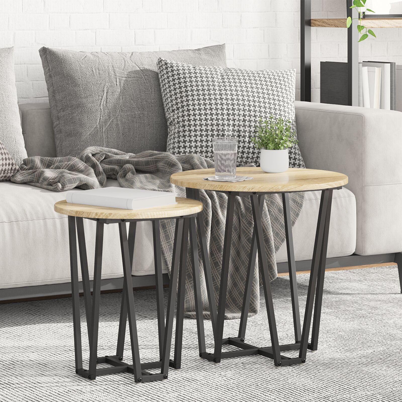 SXZenSpace 869721 Side Table Set of 2 - Sonoma Oak Engineered Wood and Metal Modern Nightstand End for Home Bedroom Living Room Easy Assembly Hallway Coffee