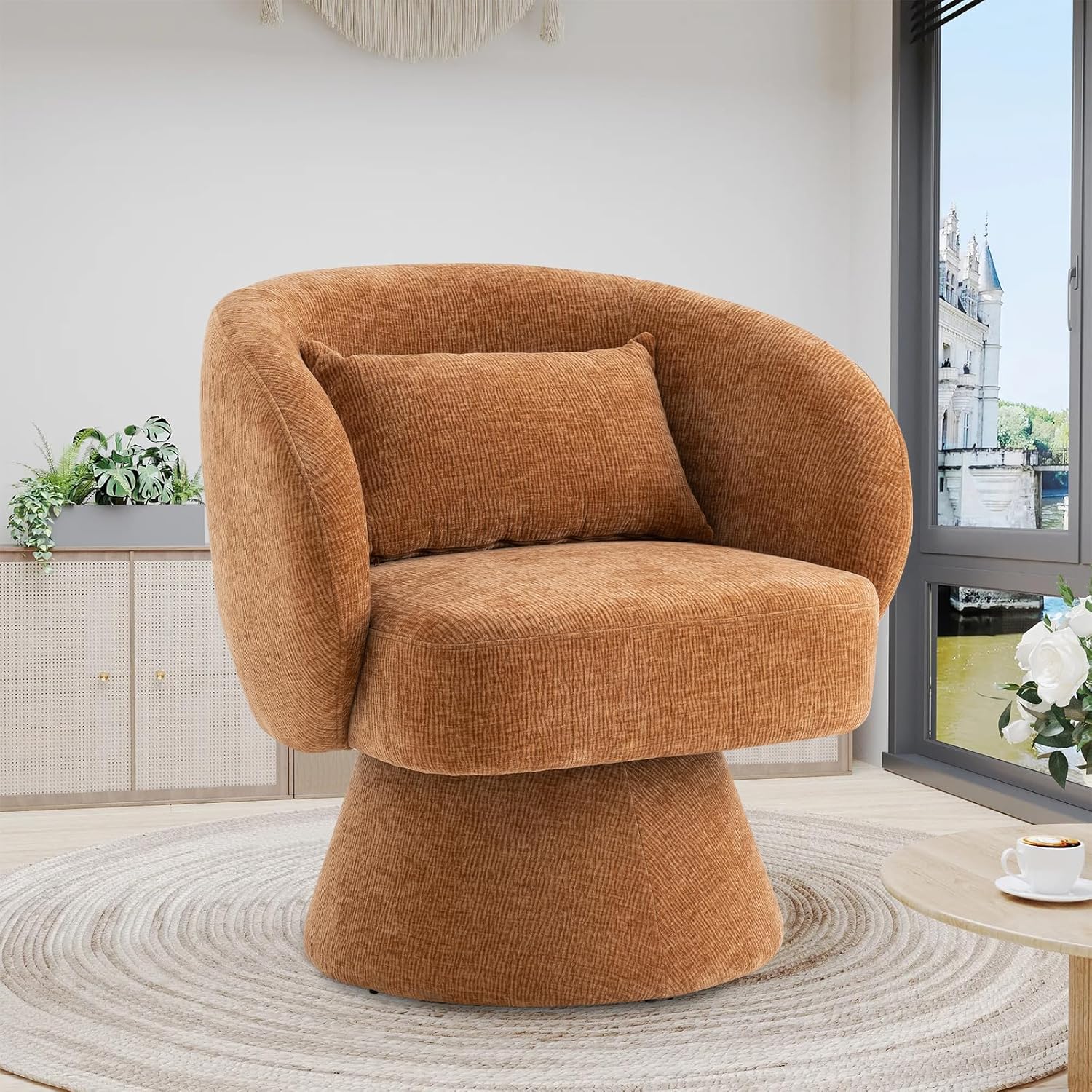 Swivel Accent Chair, Sherpa Bucket Chair Velvet Upholstered Armchair, 360° Swivel Bucket Shaped Armchair with Pillow and Round Back, for Living Room, Bedroom, Nursery (Beige)