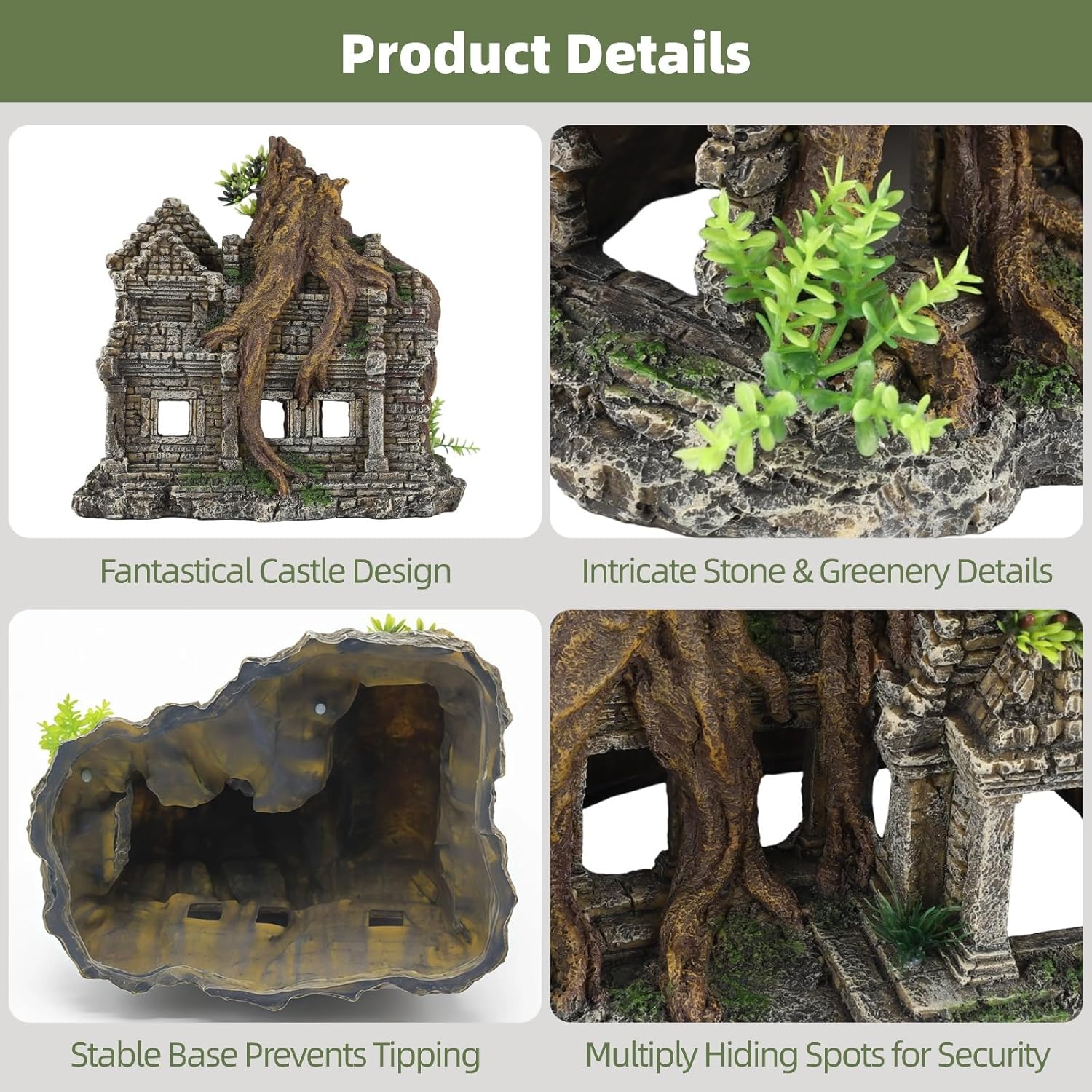 9.1 in Fish Tank Decoration, Safe Resin Ornament, Fish Hiding Cave, Ancient Stone & Tree Root Design, Salt & Freshwater Aquarium Decor