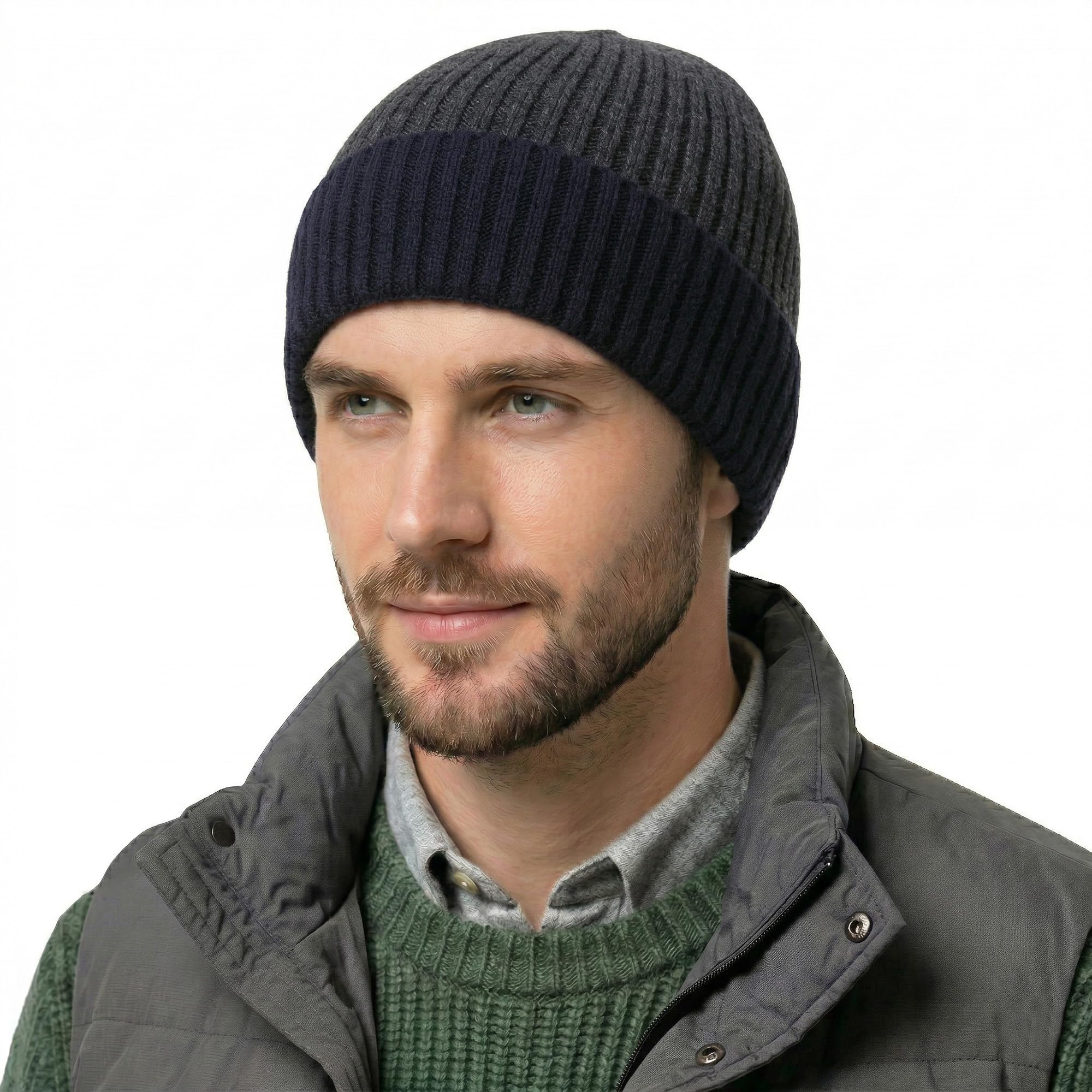 ZLYC Men Winter Knit Beanie Hat Warm Ribbed Fashion Daily Skull Cap(Cuffed Navy),One Size