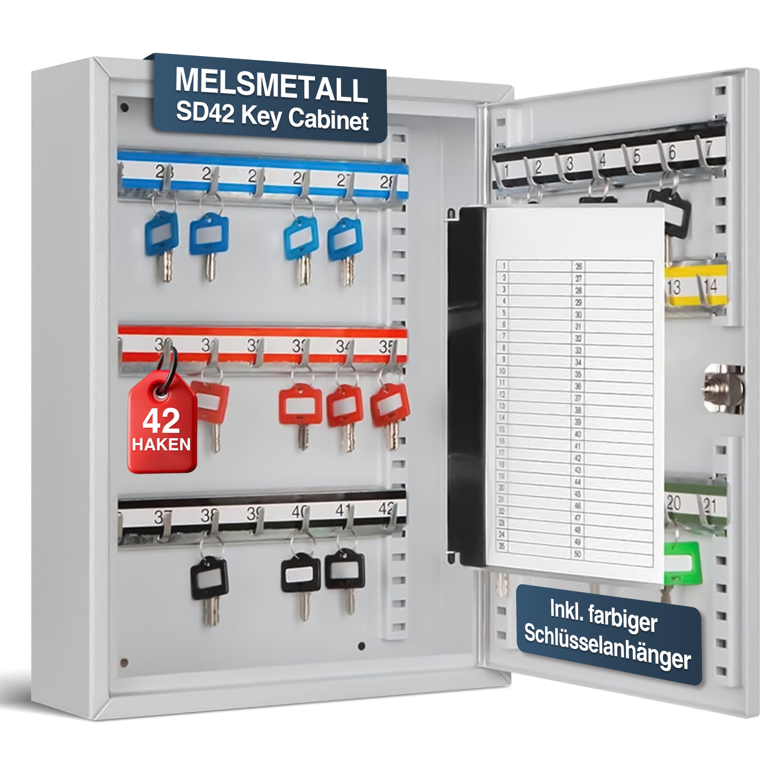Schlüsselkasten SD42 – Schlüsselschrank mit 42 Haken, robuste Schlüsselbox aus Stahl, abschließbarer Safe, magnetische Außenseite, höhenverstellbare Leisten, Wandmontage (35x27x8cm)