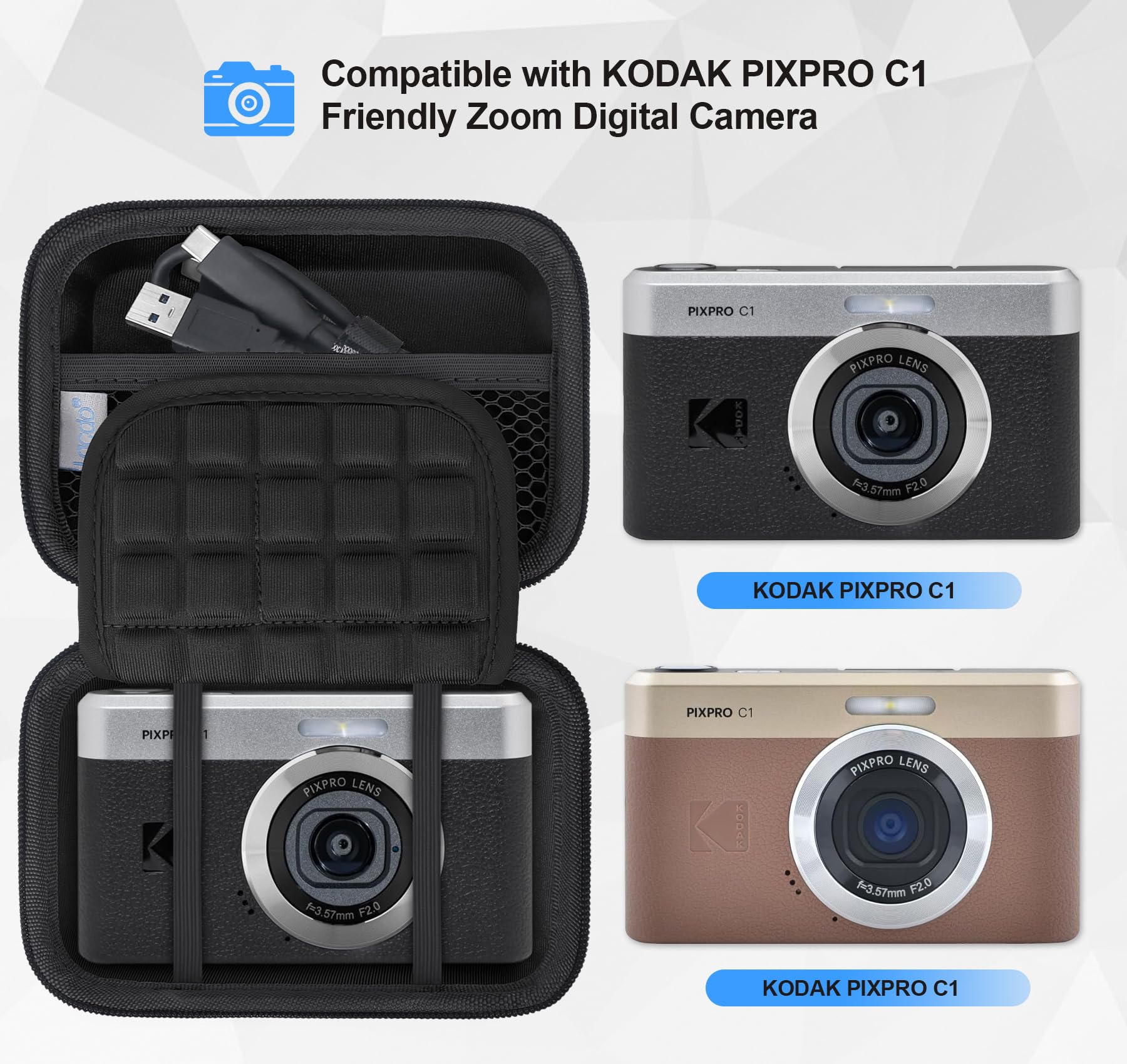 Lacdo Étui de Transport Caméra pour Kodak PIXPRO C1 Friendly Zoom Digital Camera, Sac de Transport Rigide pour Caméra EVA de Protection, Compatible avec Batteries, Câble USB, Carte SD, Noir