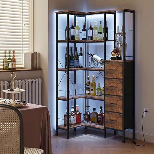 Miniatura 7 de Estantería esquinera con tiras de luz LED y 4 cajones de tela, estante esquinero convertible de 5 niveles con estante de exhibición, estantería