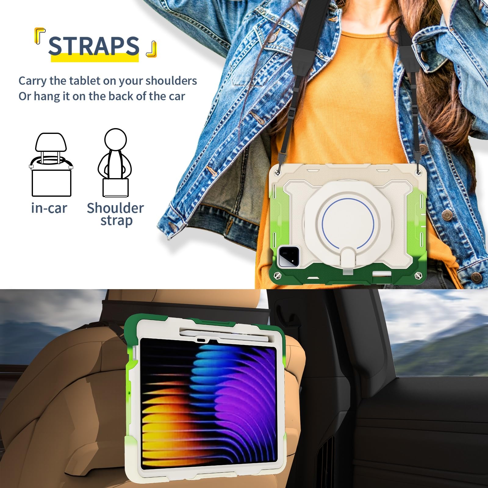 Funda protectora resistente para Xiaomi Pad 7/7 Pro de 11.2 pulgadas 2024, soporte giratorio de 360°, correa para el hombro, soporte para lápices y anillo de asa, funda a prueba de golpes