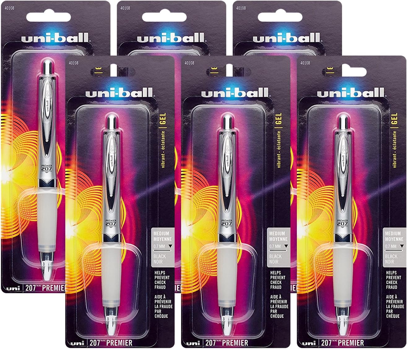 Uni-Ball 207 Premier Retractable Gel Rollerball Pen, 0.7mm, Medium Point, Black Ink (6 Pack, Black)