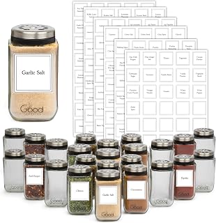 Adjustable Square Glass Spice Jars (Set of 24) w Preprinted Labels- 240 Stickers Includes 24 Blanks- Removable Seasoning Decals- Shaker Lids Rotate for 6 Spout Sizes - Fits Most Cooking Spice Racks