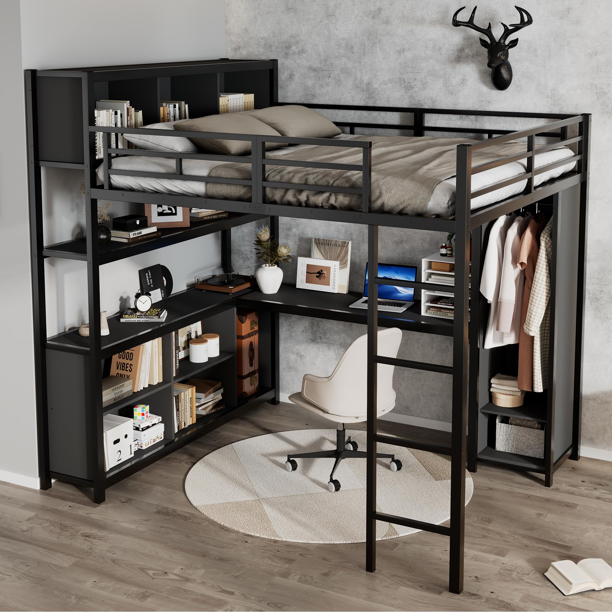 Etagenbett Kinderbett 140x200 cm, Eisenbett Hochbett mit Stauraum Schreibtisch, Einzelbett Metallbett Bett mit Kleiderschrank, Leiter und Lattenrost aus Metallrahmen, ohne Matratze (Schwarz)