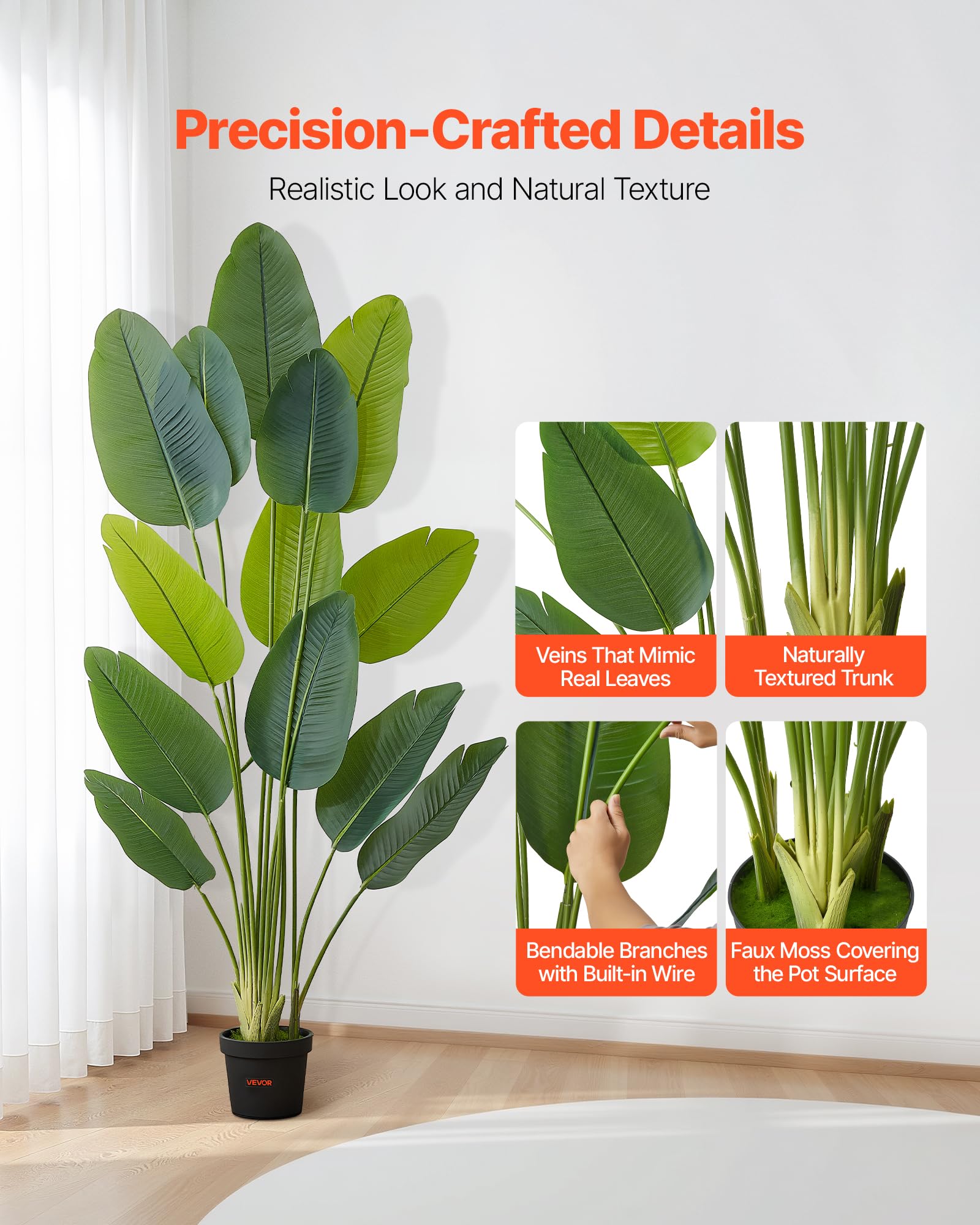 VEVOR Uccello del Paradiso Artificiale, Altezza 1829 mm, Piante Tropicali Finte con 13 Tronchi e Vaso Bianco, Albero di Seta Finto da Pavimento, Grandi Alberi per Casa, Ufficio, Soggiorno