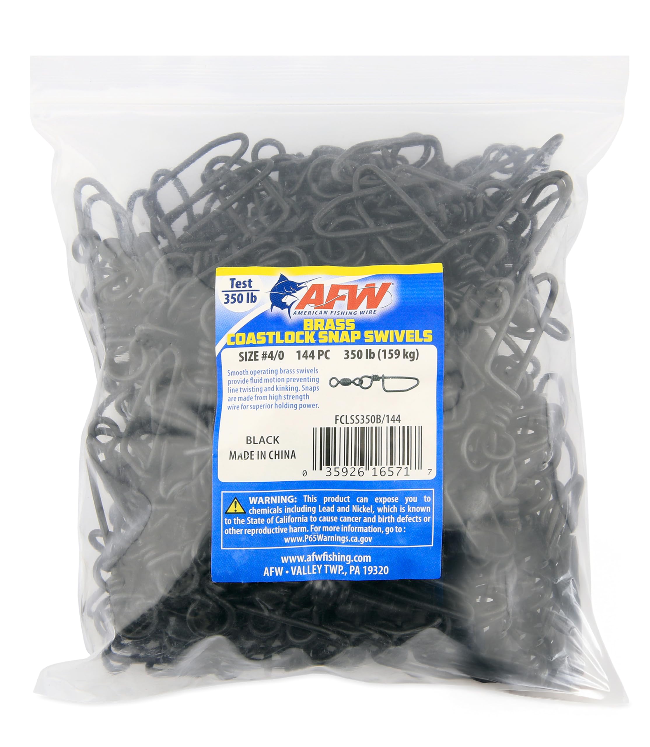 AFW Brass Coastlock Snap Swivels, Size #4/0, 350 lb Test, Black, 144 pc