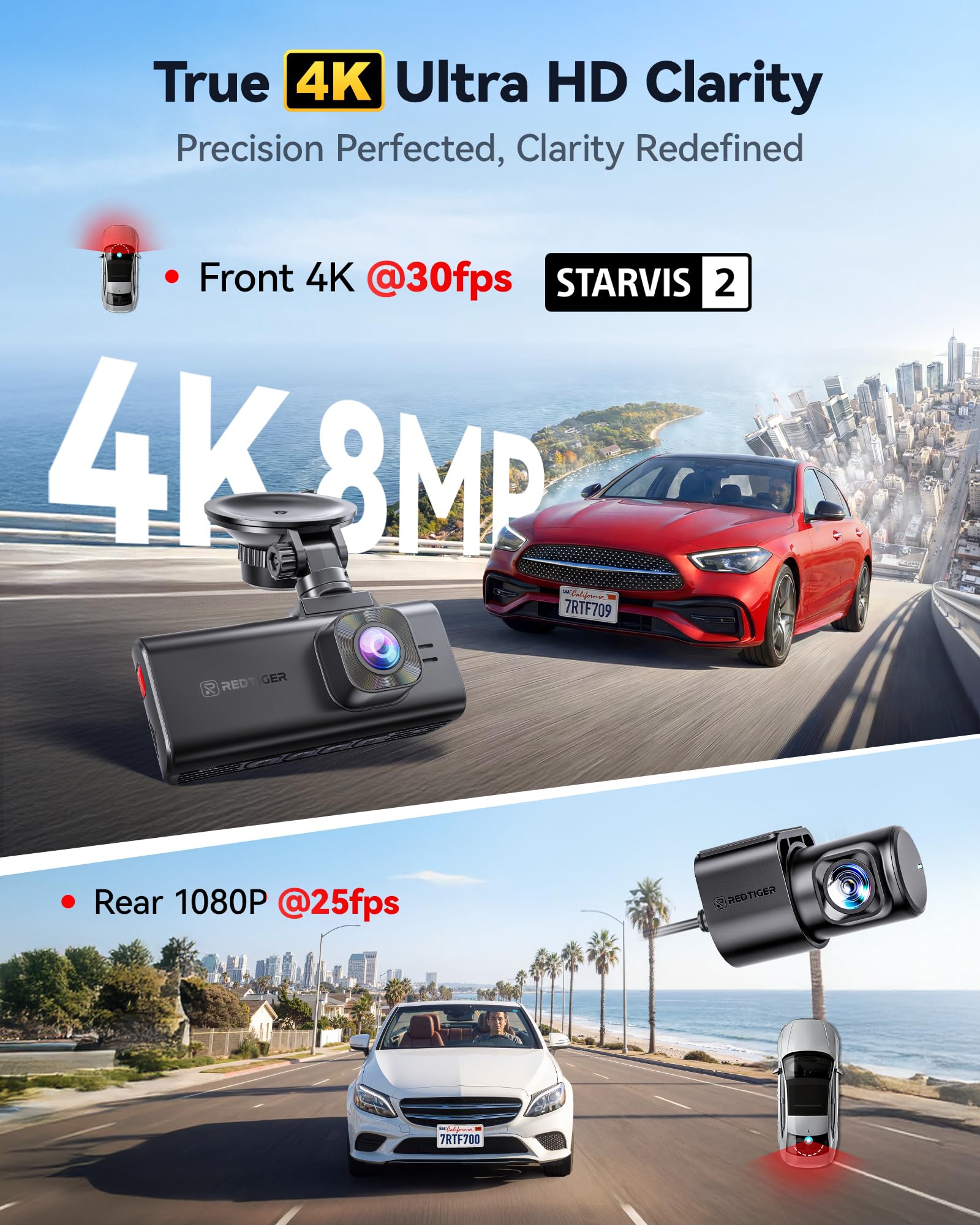REDTIGER F7NA 4K Dual Dash Cam for Car with ADAS, STARVIS 2 IMX678 Sensor, 8MP UHD, 5GHz WiFi 6 Fast Download, 4K Front 1080P Rear, GPS, Voice Control, WDR, HDR Night View, Support 512GB (No SD Card) — Amazon image 2