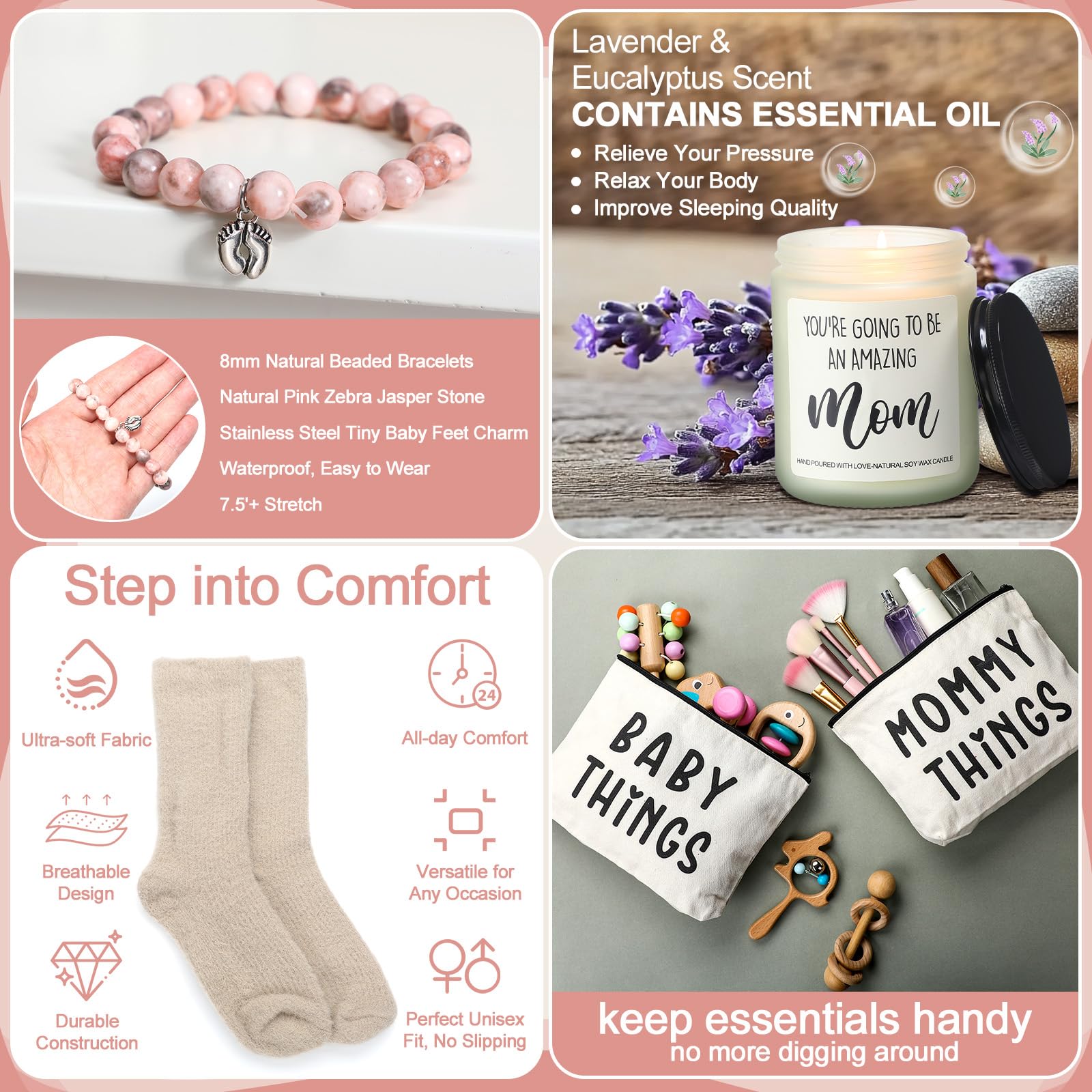 Maxdot Paquete de 8 piezas para el cuidado de la nueva mamá después del nacimiento, cesta de regalo para mujeres embarazadas, kit de regalo posparto con taza de vidrio para baby shower, esperando que