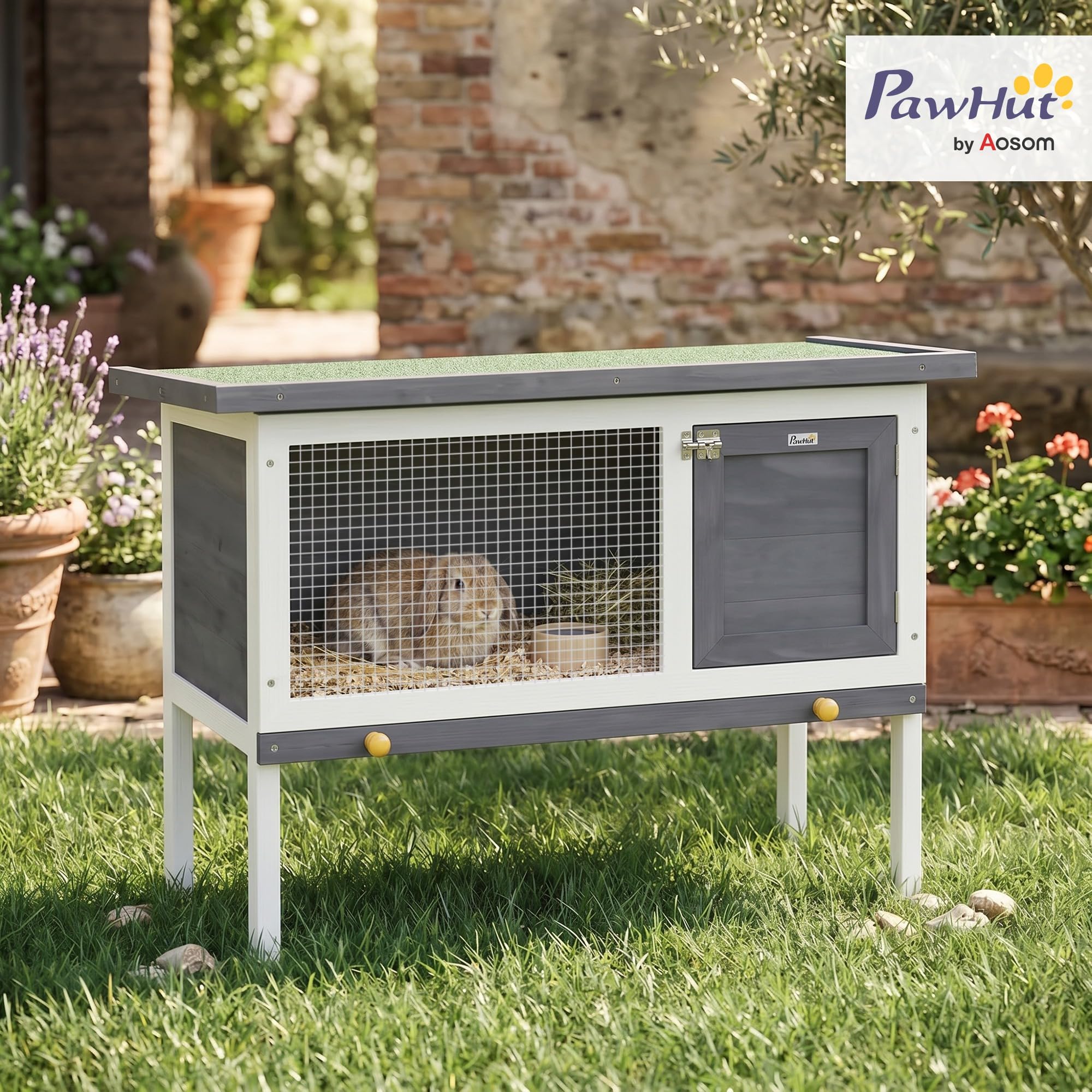 PawHut Hasenstall Kaninchenstall aus Holz 90x45x65 cm erhöhter Kaninchenkäfig mit aufklappbar Bitumendach, herausziehbarer Schublade, Tür, Metallgitter, Hasenkäfig für Kleintiere Outdoor Grau