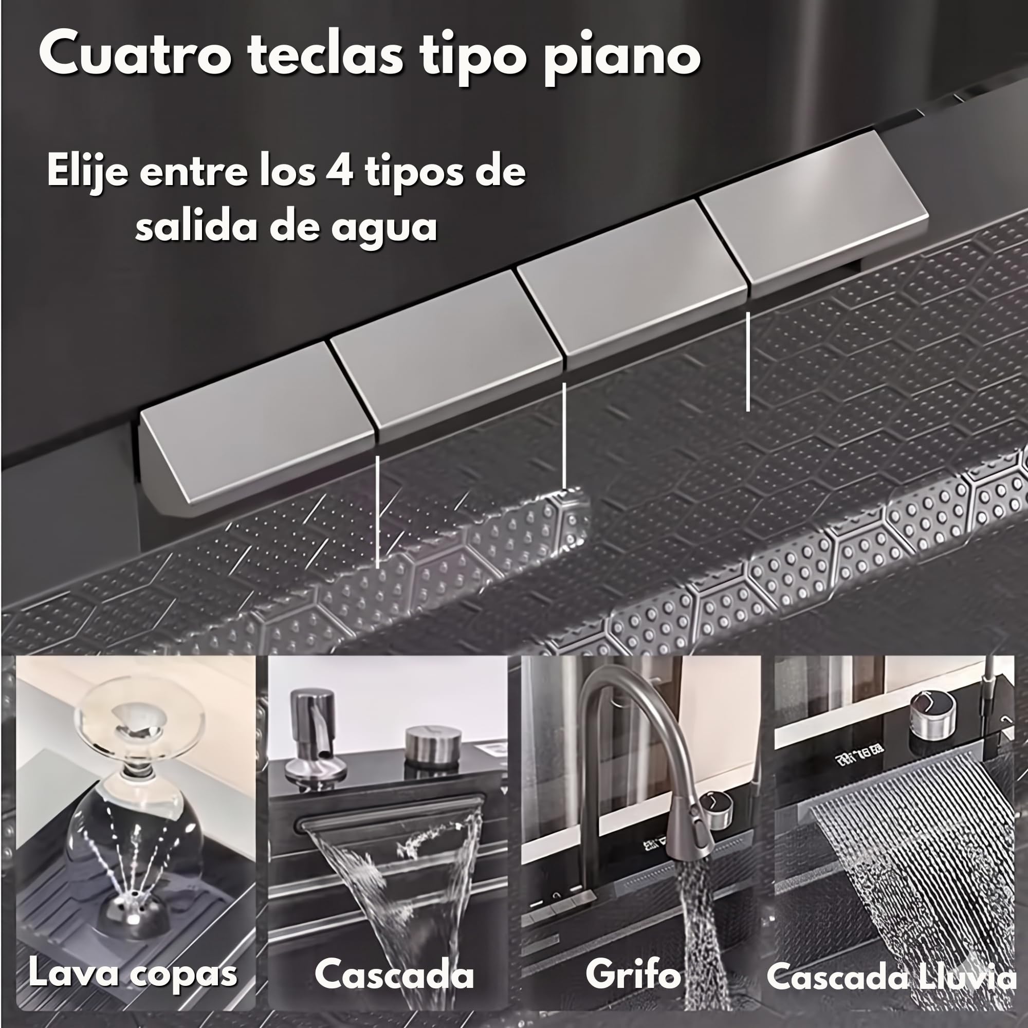 LUMS Fregadero de Cocina Multifuncional Acero Inoxidable Negro, Fregadero 1 Seno con Grifo Cascada, Pantalla Digital y Luz LED, Incluye Lava Vasos y Accesorios