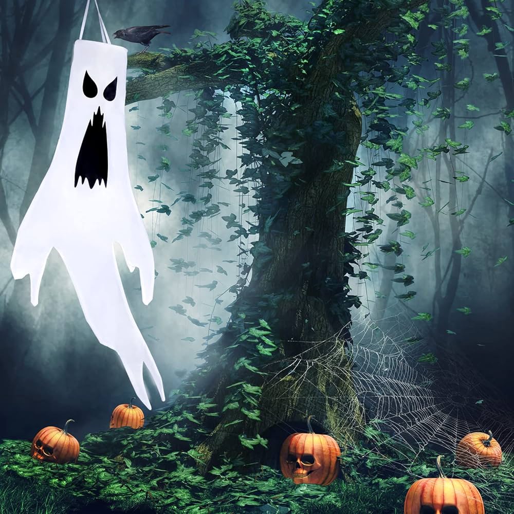 BigTree 2 Pack Halloween Ghost Windsocks 47inch Large White Fly Ghost Face Outdoor Hanging Decoration Flag For Front Yard Lawn Garden Party Window